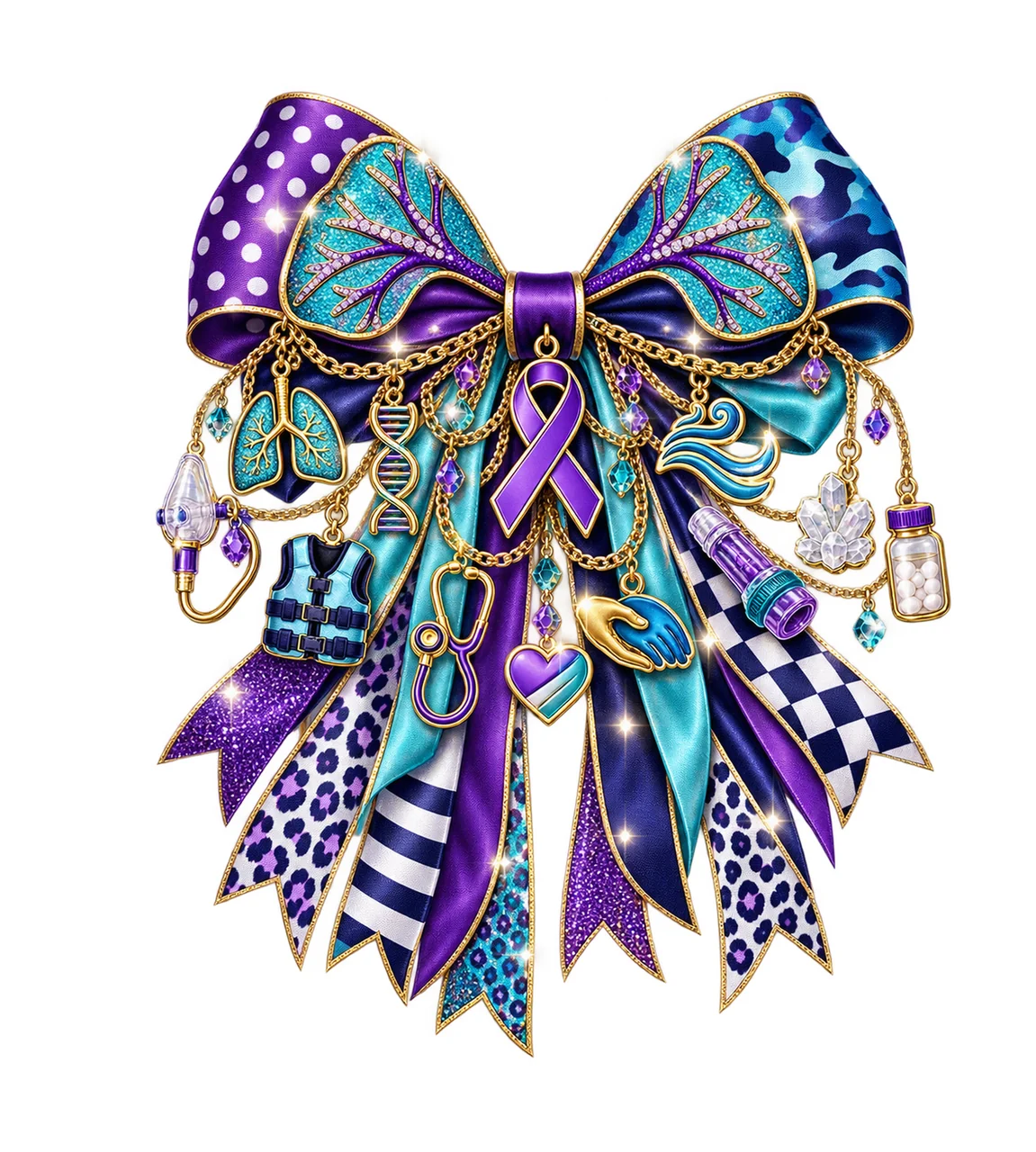 Cystic Fibrosis Awareness Bow Charm PNG, Themed Gold Chain Charms, Coquette Ribbon Sublimation Design, Transparent Digital Download