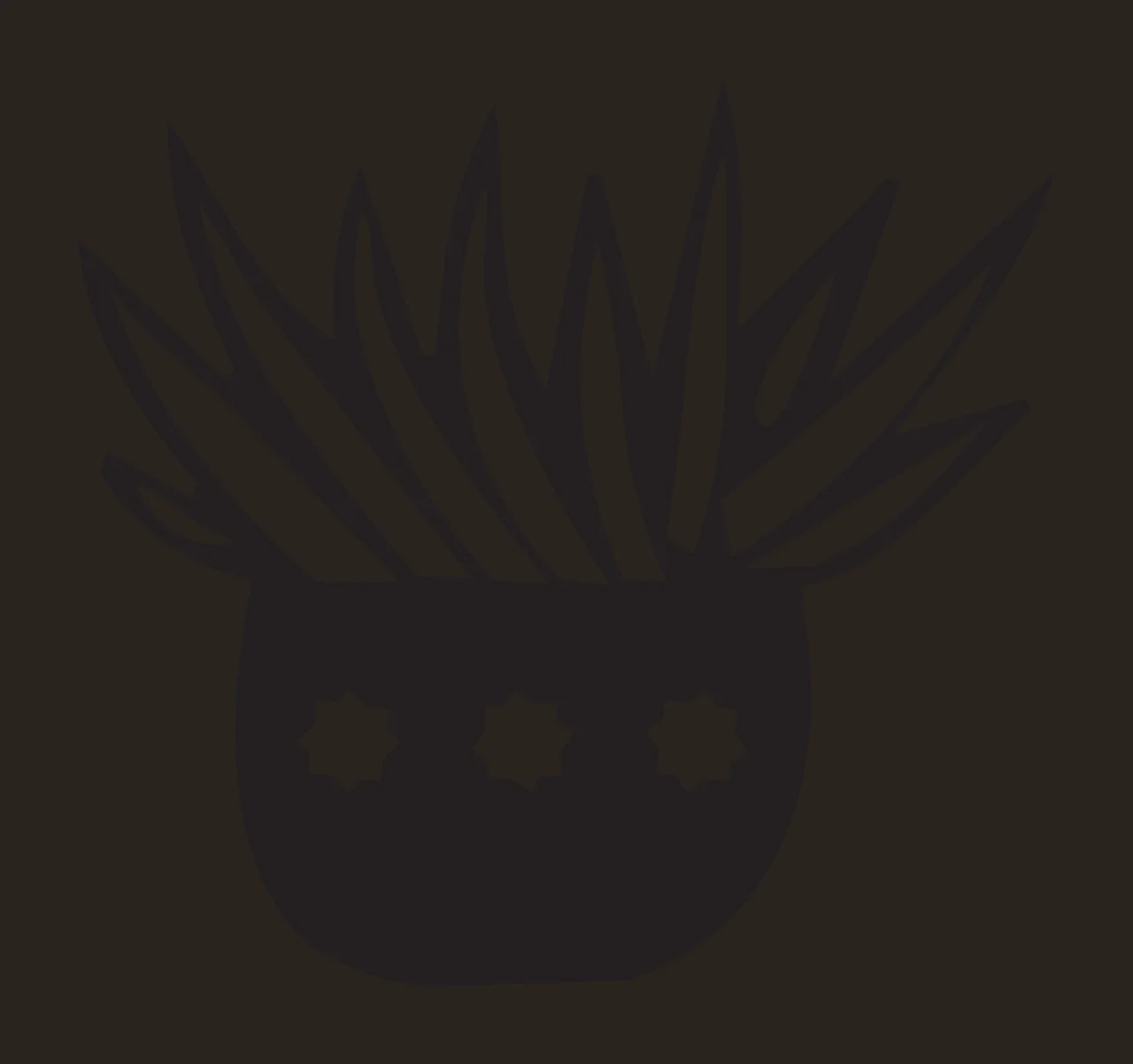 Silhouette Design of Potted plant with spiky leaves and star-shaped cutouts with black pot, spiky green-like leaves and three white star-shaped cutouts contrast preview thumbnail