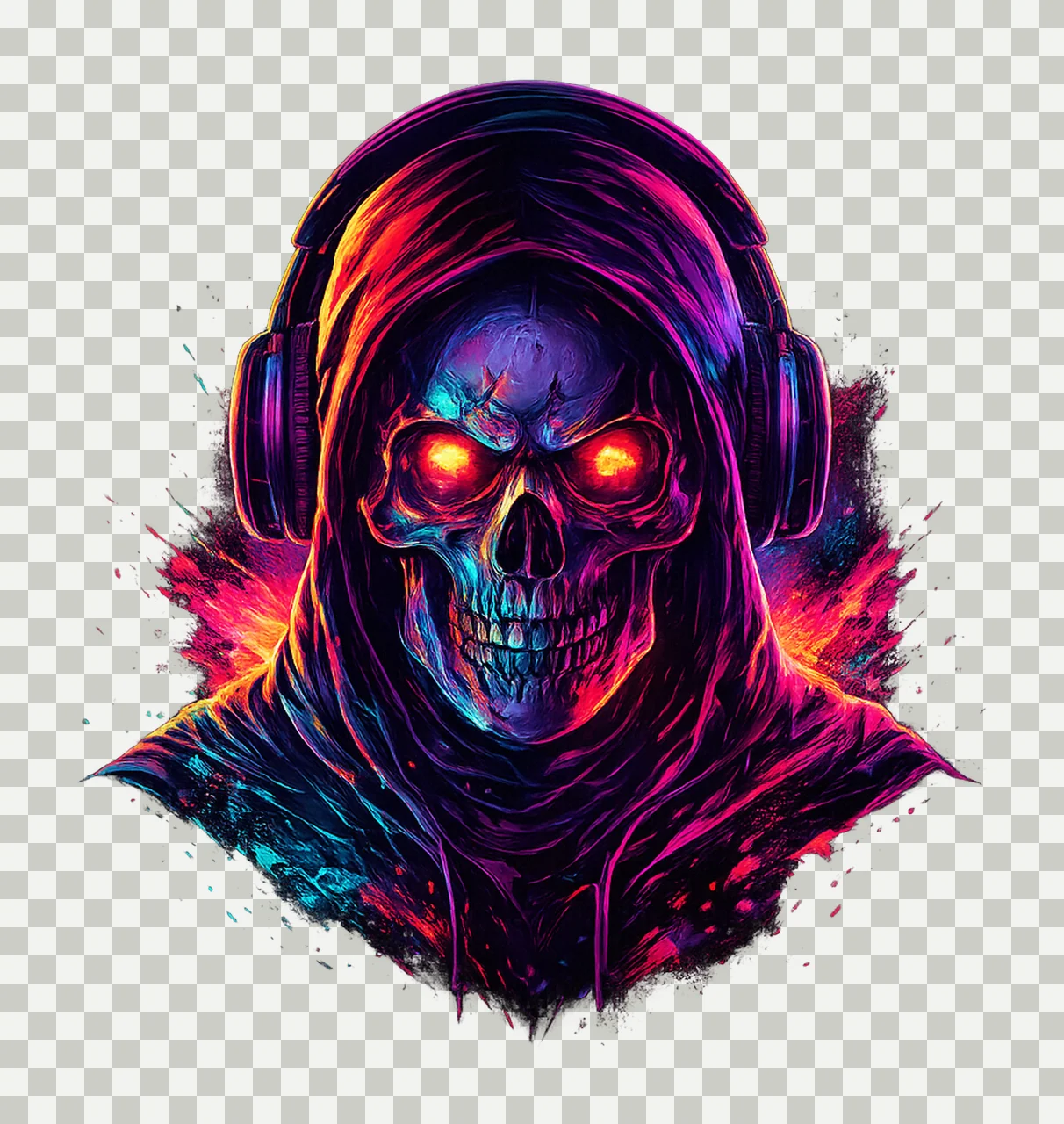 Neon Skull Cyberpunk Grim Reaper Artwork Synthwave Skull Art transparency and detail preview thumbnail