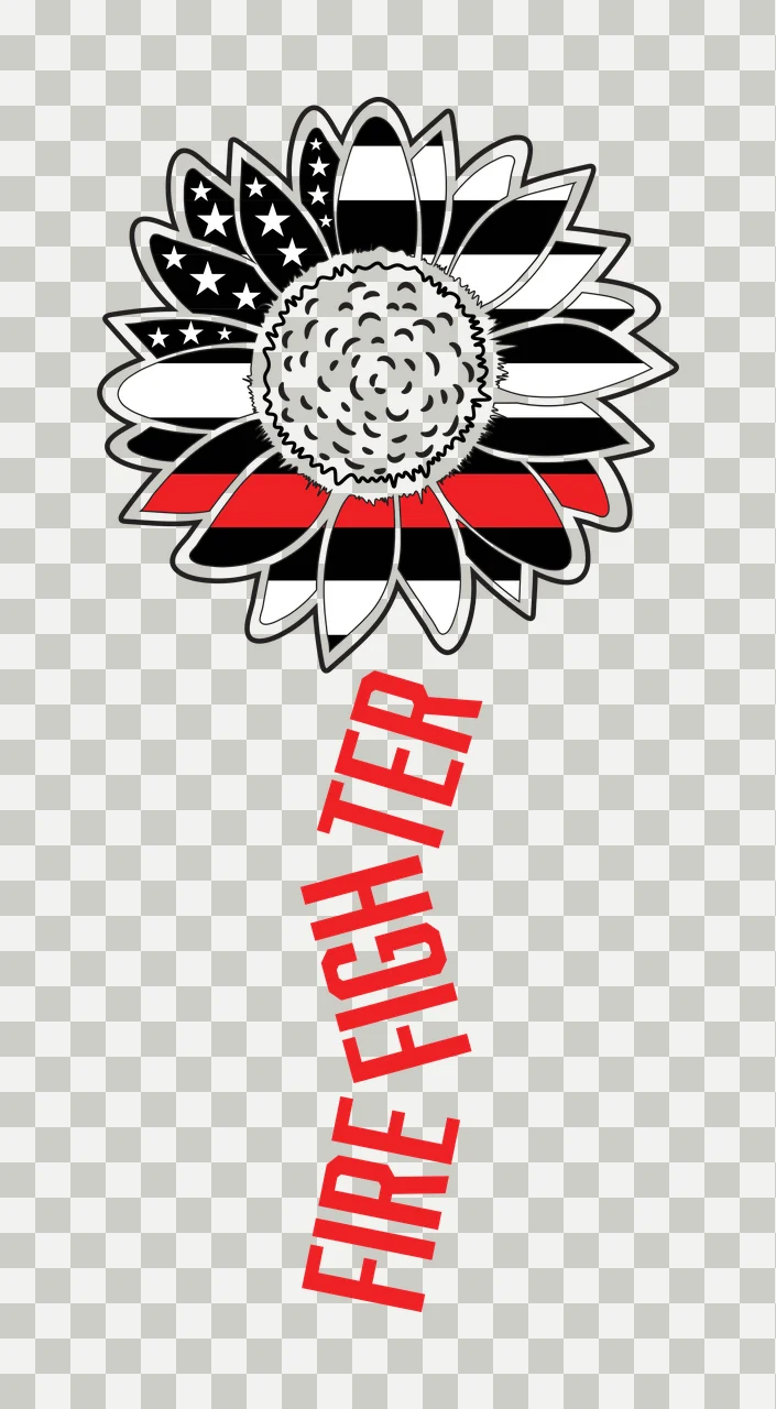 FIRE FIGHTER sunflower Design with sunflower head, american flag petals, stars and stripes in red, black and white transparency and detail preview thumbnail