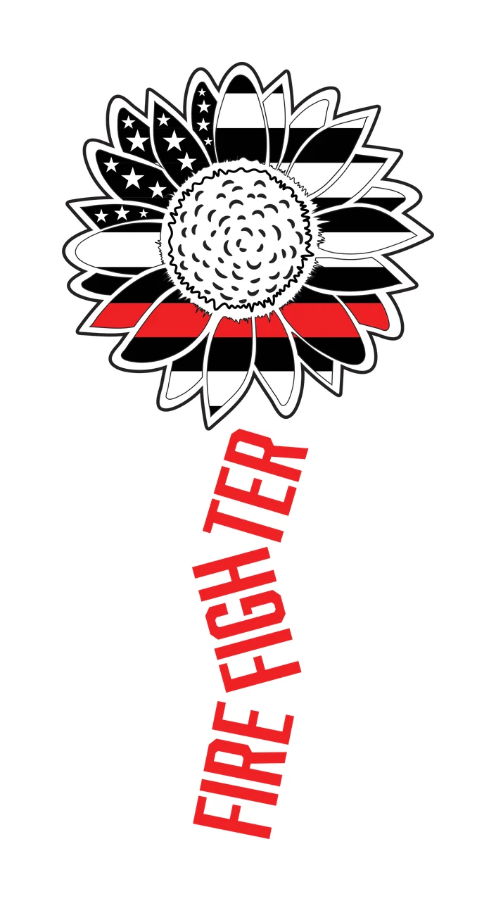 FIRE FIGHTER sunflower Design with sunflower head, american flag petals, stars and stripes in red, black and white
