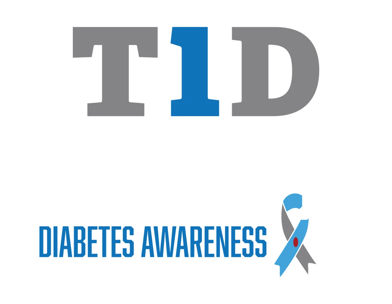 T1D DIABETES AWARENESS Typography Design with T1D text, blue and gray ribbon and red dot
