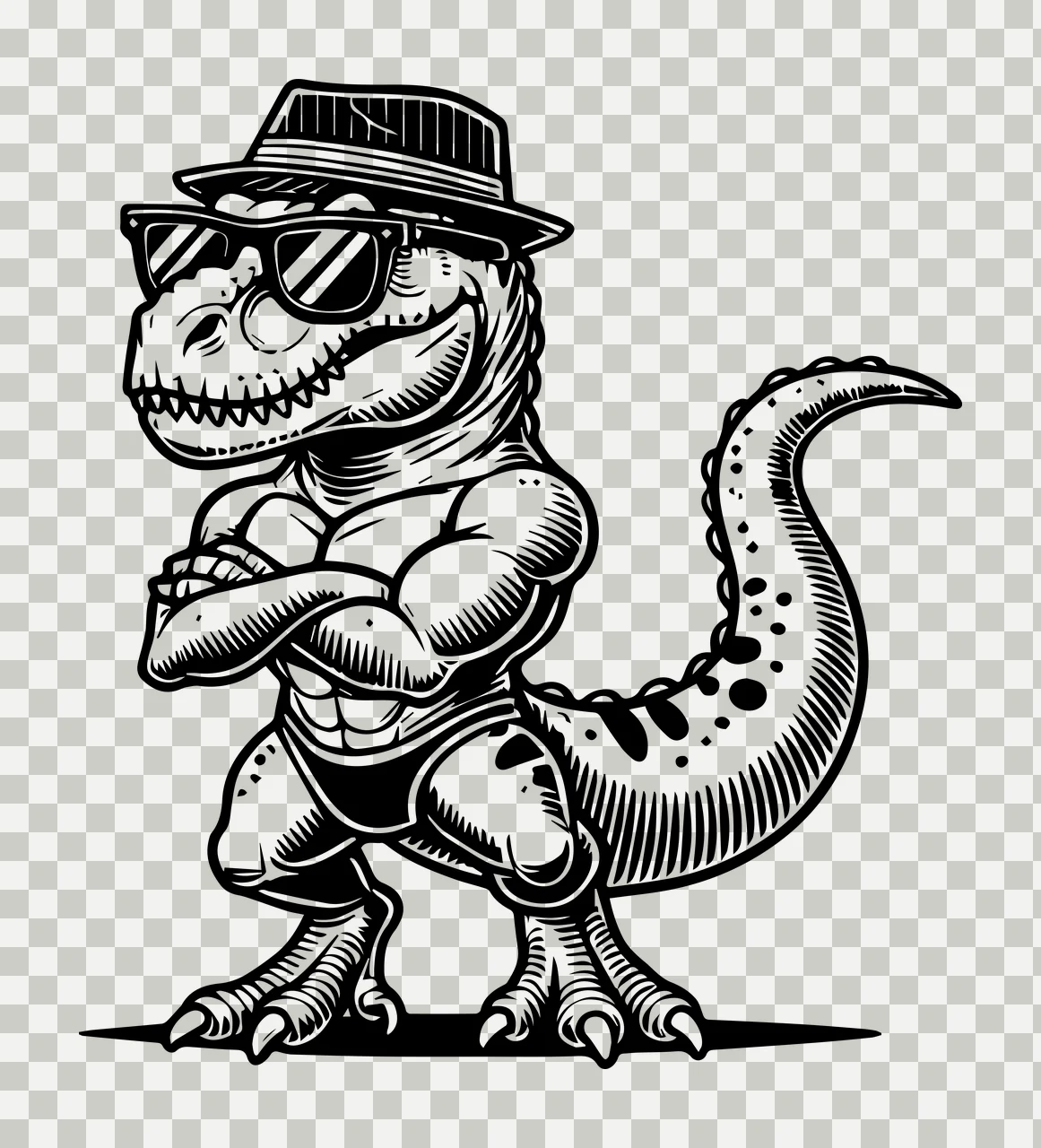 Dinosaur In Hat And Sunglasses standing muscles engraving black transparency and detail preview thumbnail