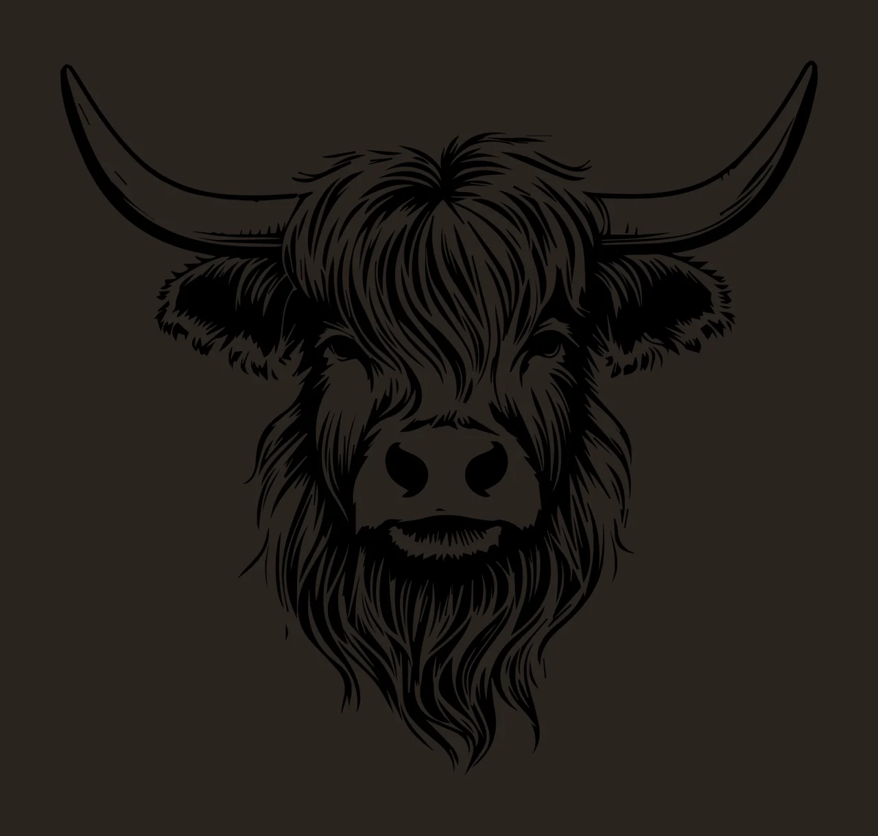 Highland Cow Head Front Portrait facing forward horns shaggy fur contrast preview thumbnail