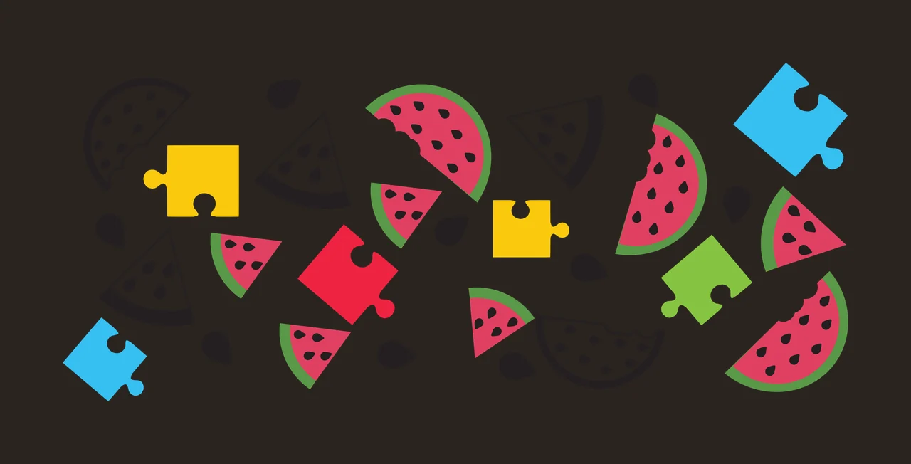 Watermelon and puzzle piece pattern Illustration with watermelon slices, puzzle pieces and watermelon seeds in red, green and black contrast preview thumbnail