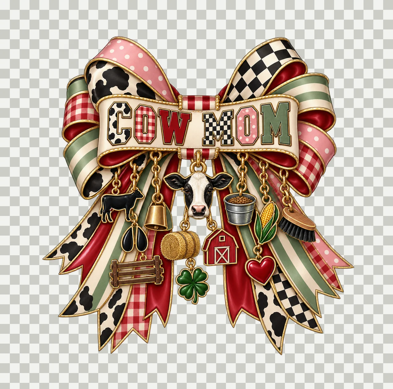 Cow Mom Bow Charm PNG, Patterned Varsity Mom Ribbon Clipart, Transparent Sublimation Digital Download transparency and detail preview thumbnail