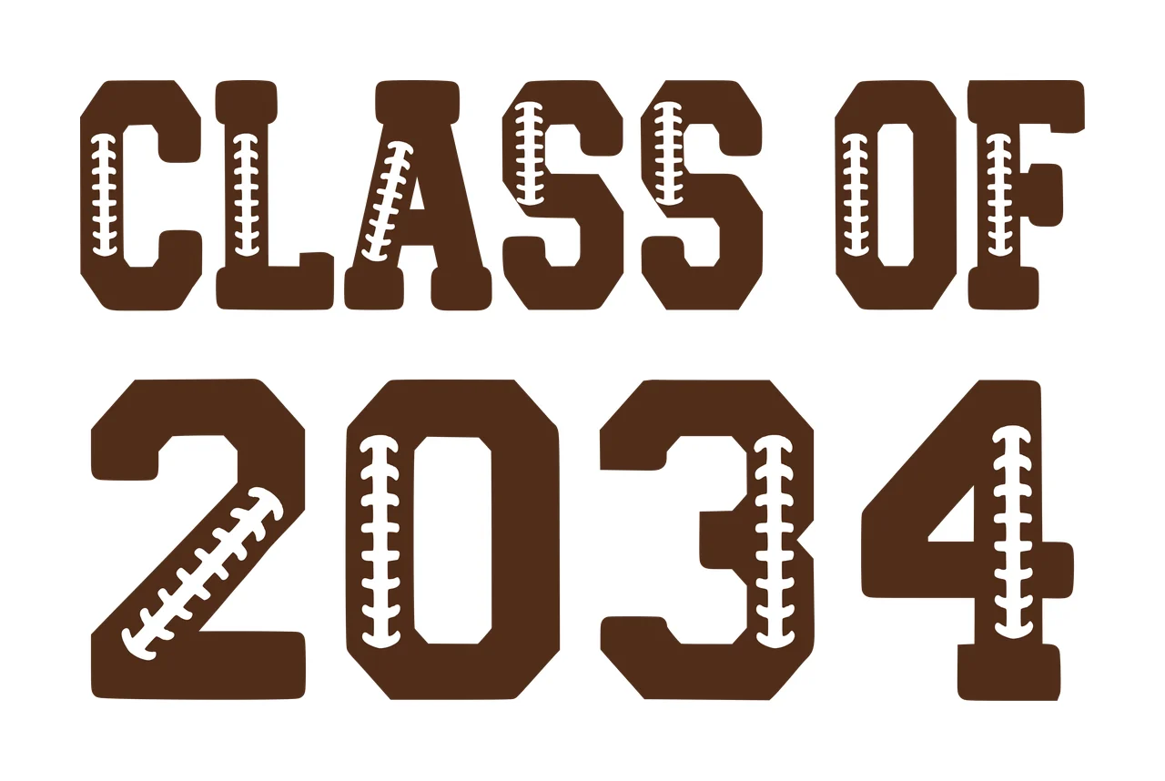 CLASS OF 2034 Typography Design with CLASS OF 2034 text, football laces pattern and athletic block font in brown and white