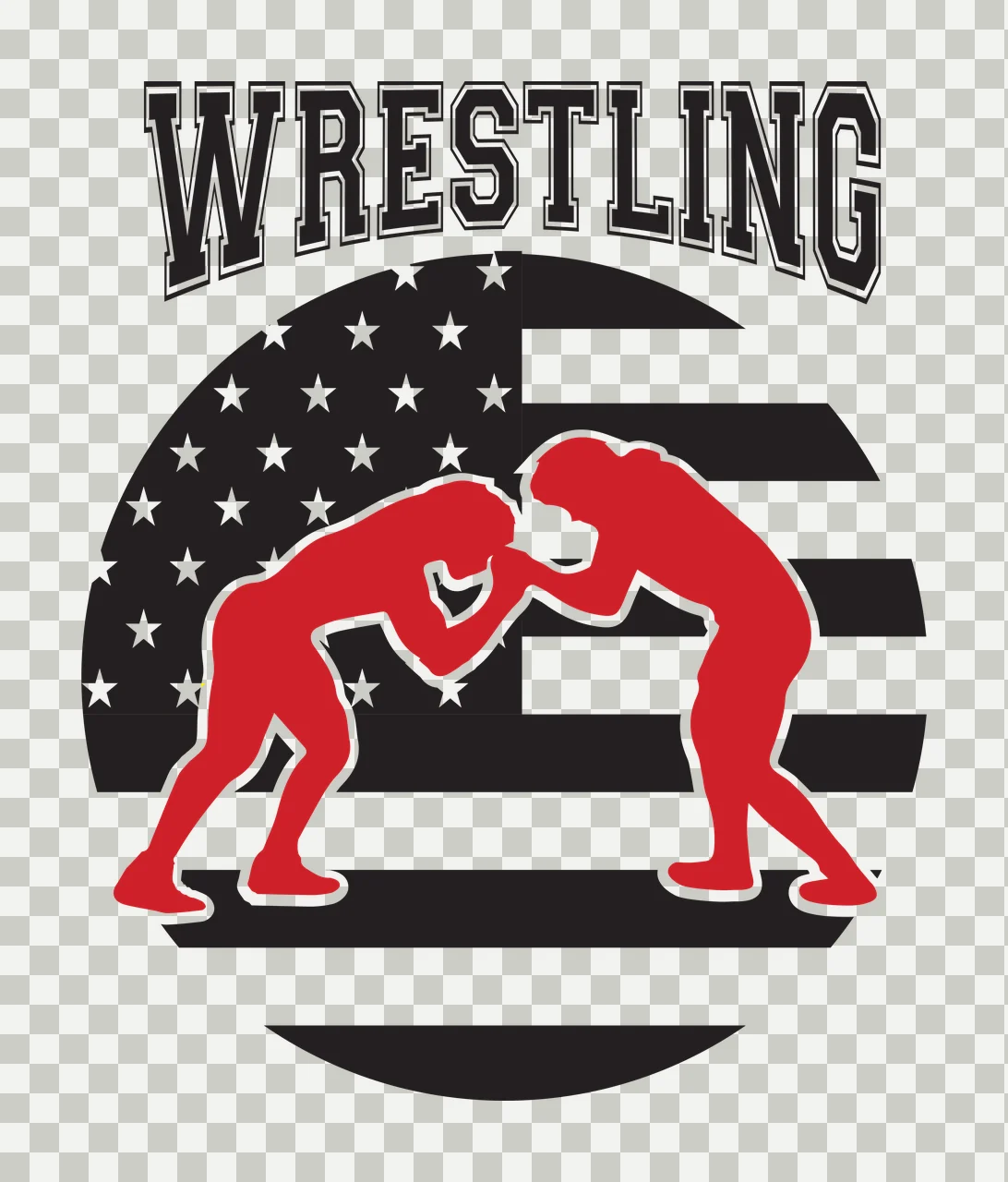 WRESTLING wrestlers Design with American flag, stars, stripes and text in red, black and white transparency and detail preview thumbnail