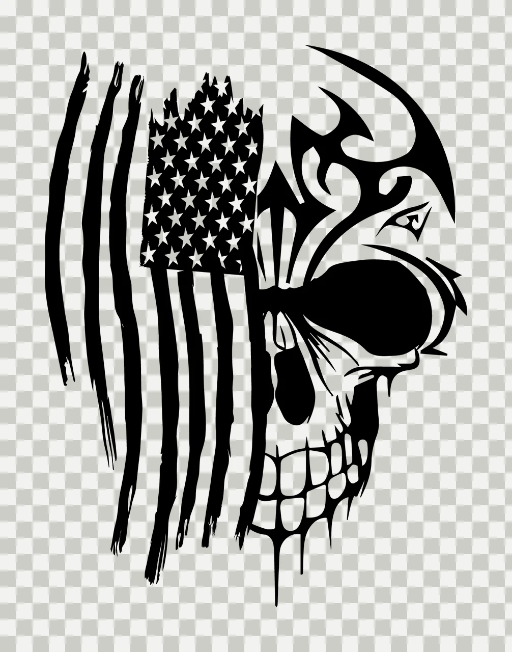 Skull Half American Flag Silhouette stars stripes tribal patterns transparency and detail preview thumbnail