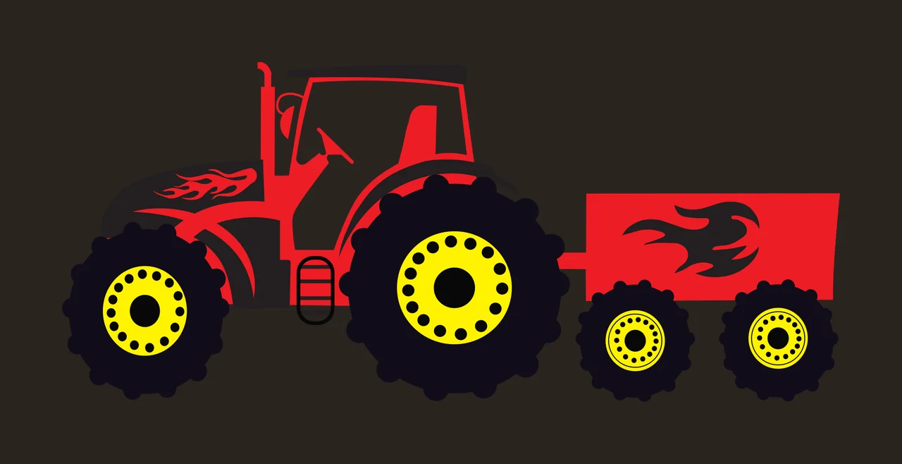 Farm tractor with trailer Illustration with flame graphic, yellow wheel rims, black tread tires and cabin in red contrast preview thumbnail