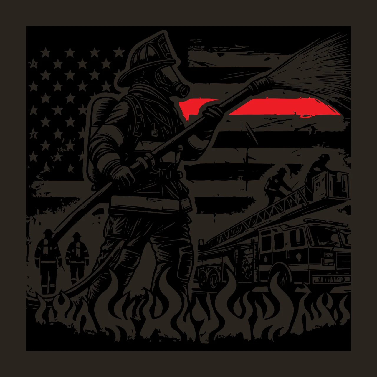 Flag Firefighter Silhouette With American spraying water fire contrast preview thumbnail