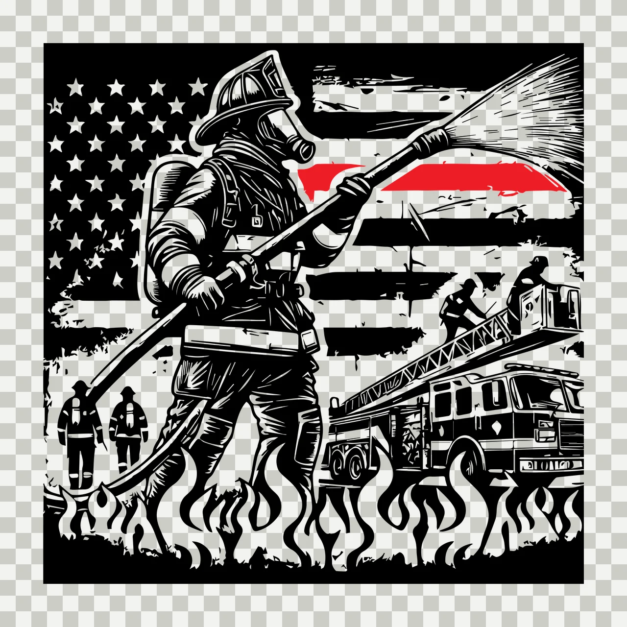 Flag Firefighter Silhouette With American spraying water fire transparency and detail preview thumbnail