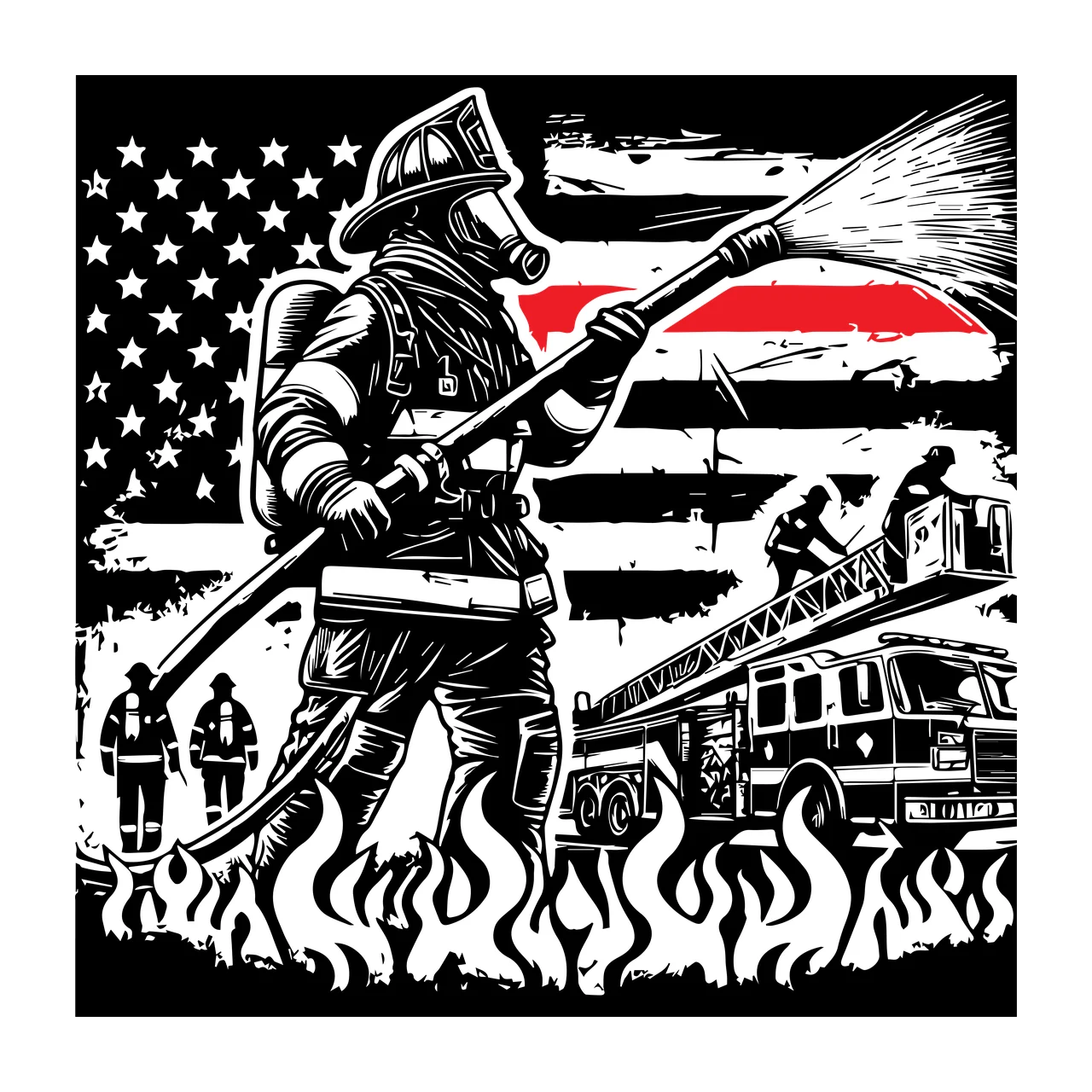 Flag Firefighter Silhouette With American spraying water fire