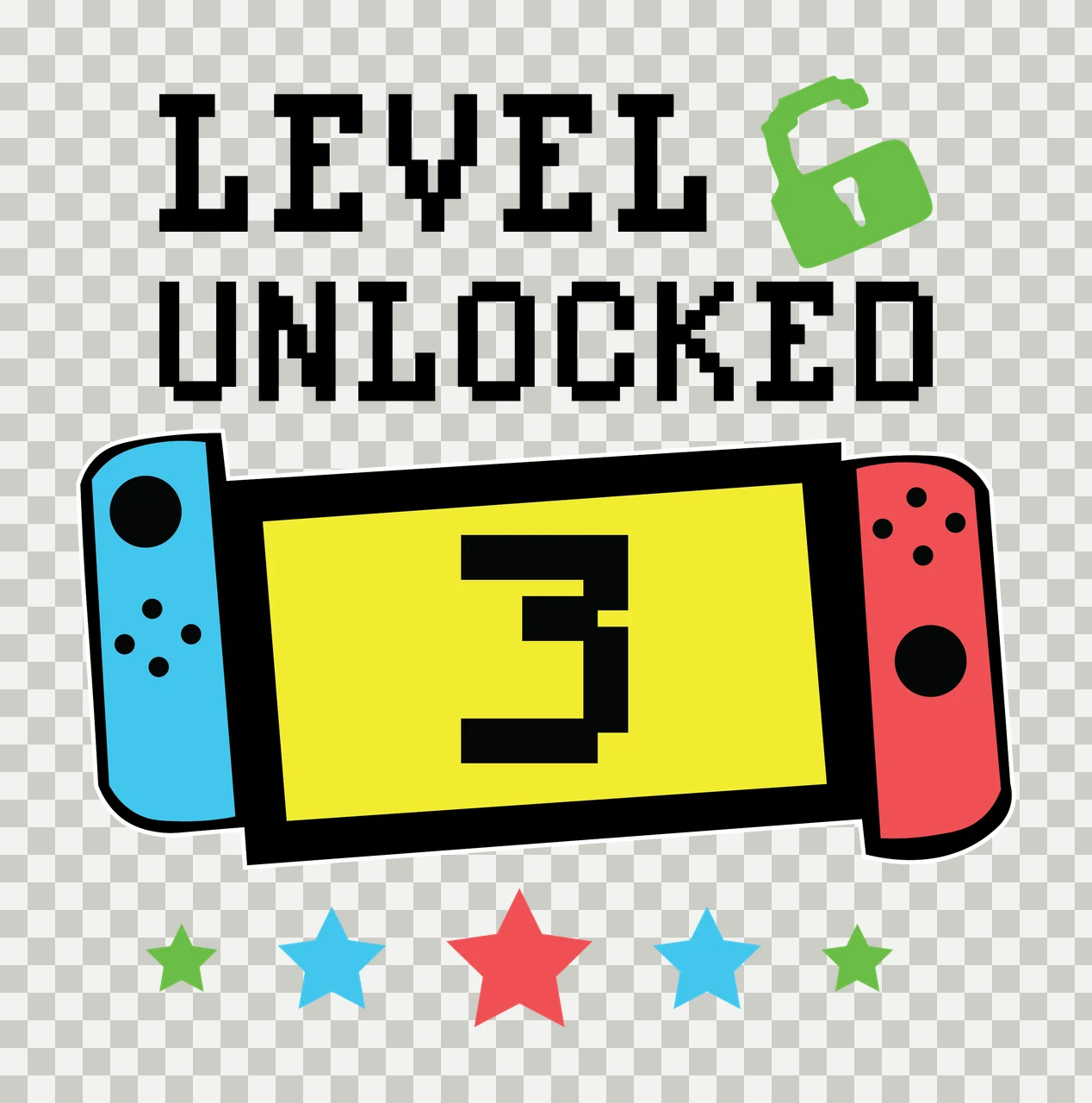 Level Unlocked Graphic With Five Stars Text and star symbols transparency and detail preview thumbnail