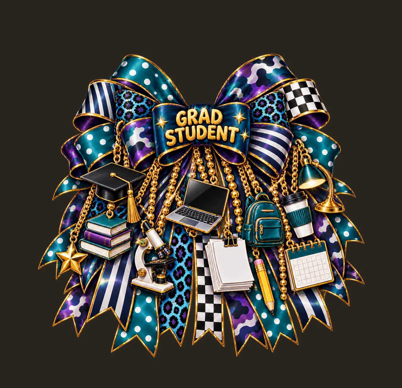 Graduate Student Bow Charm PNG, Gold Chain Charms, Transparent Sublimation Design, Digital Download contrast preview thumbnail