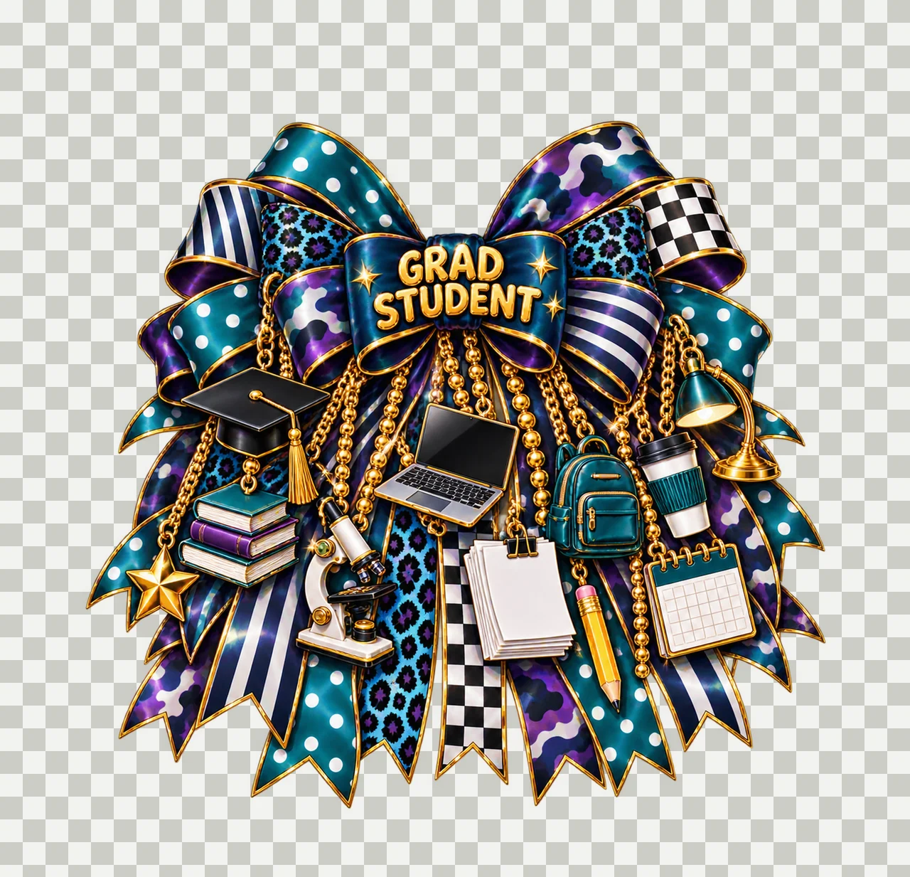 Graduate Student Bow Charm PNG, Gold Chain Charms, Transparent Sublimation Design, Digital Download transparency and detail preview thumbnail