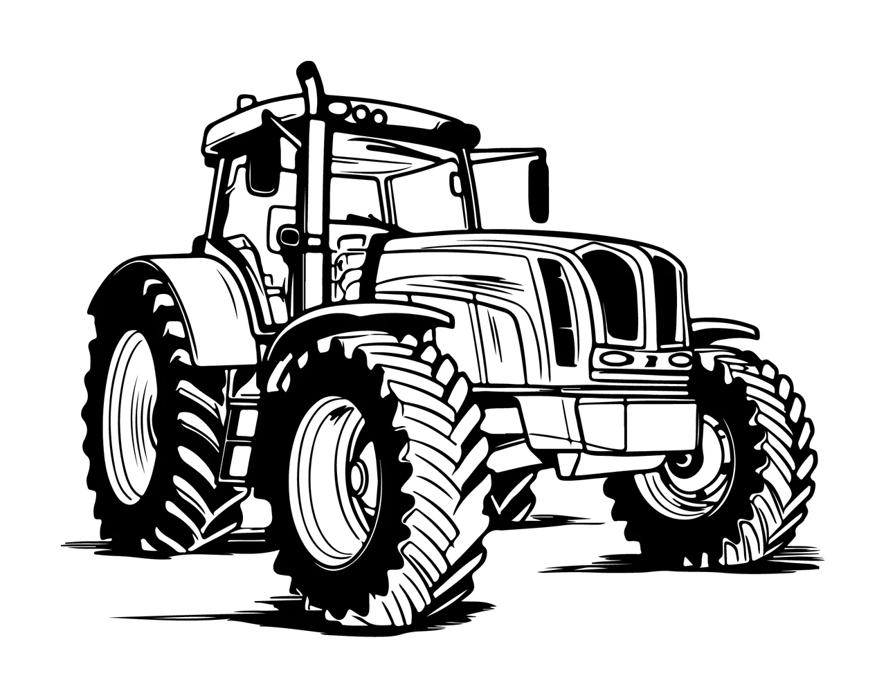 Tractor With Deep Treaded Wheels Angle tires cabin engine line art