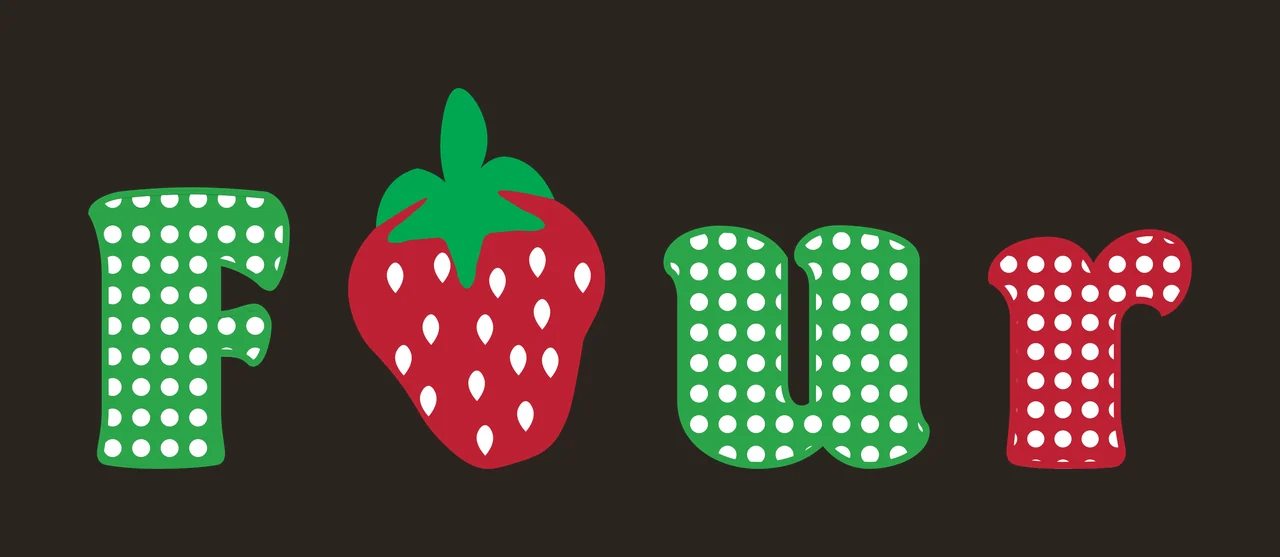 Four Typography Design with letter F, strawberry and polka dot pattern in green, red and white contrast preview thumbnail