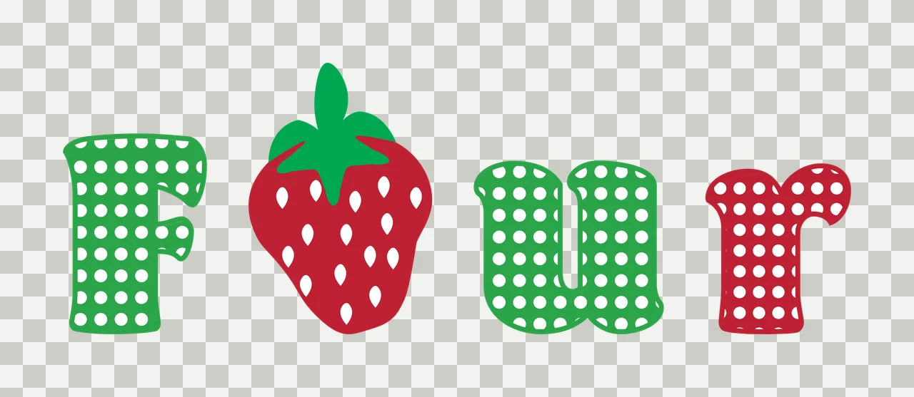 Four Typography Design with letter F, strawberry and polka dot pattern in green, red and white transparency and detail preview thumbnail