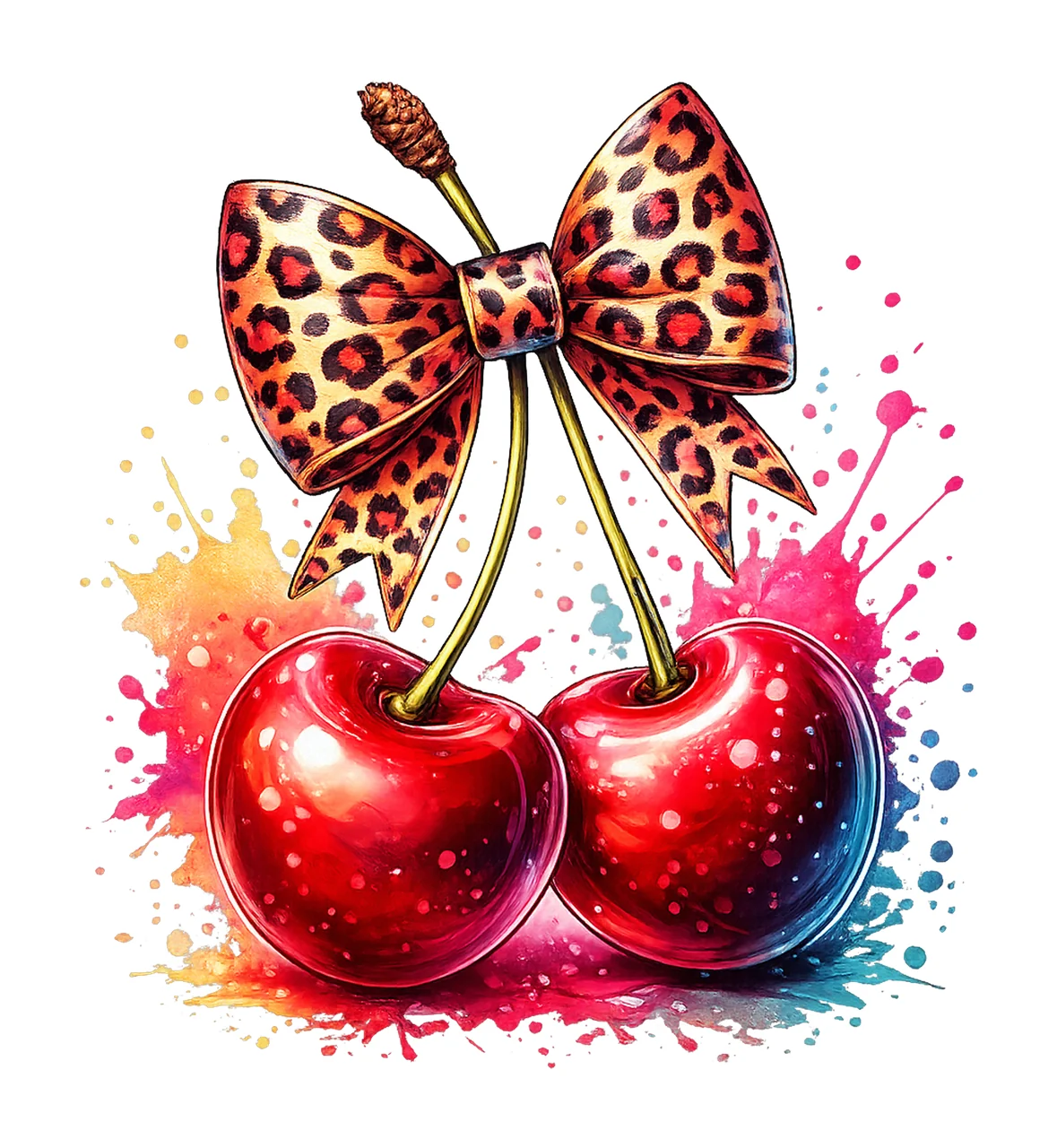 Cherry with Leopard Print Bow Cute Coquette Cherry Artwork