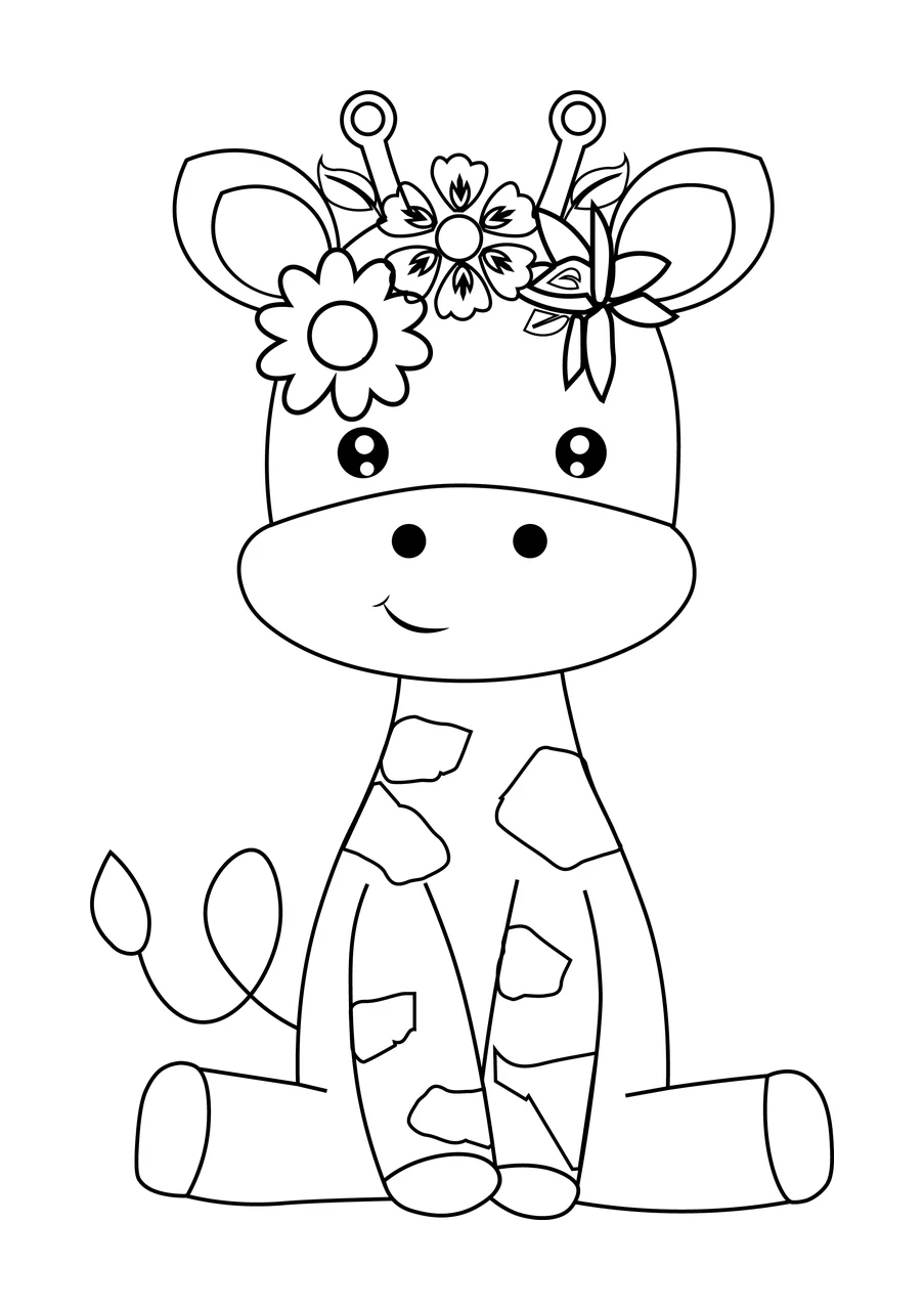 Animal Giraffe With Flower Crown Line Art Sitting flowers spots