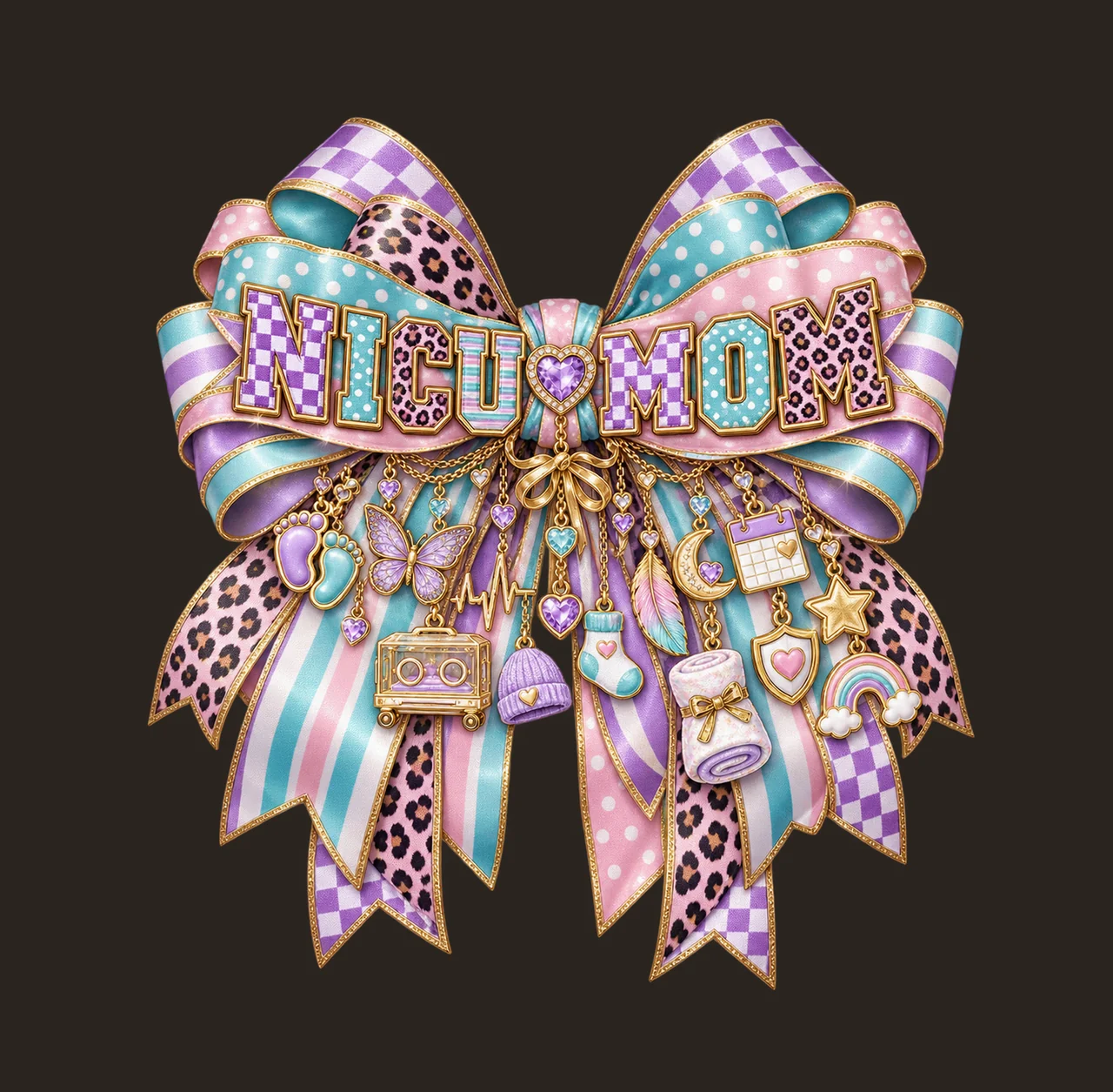 NICU Mom Bow Charm PNG, Patterned Varsity Mom Ribbon Clipart, Transparent Sublimation Digital Download contrast preview thumbnail