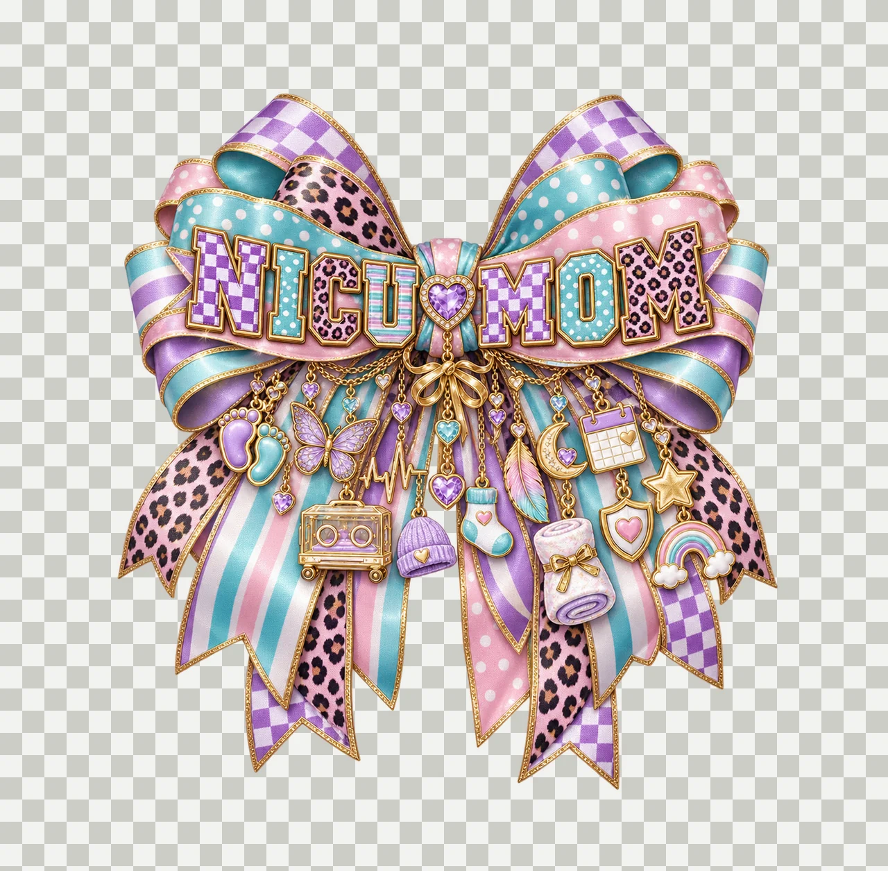 NICU Mom Bow Charm PNG, Patterned Varsity Mom Ribbon Clipart, Transparent Sublimation Digital Download transparency and detail preview thumbnail