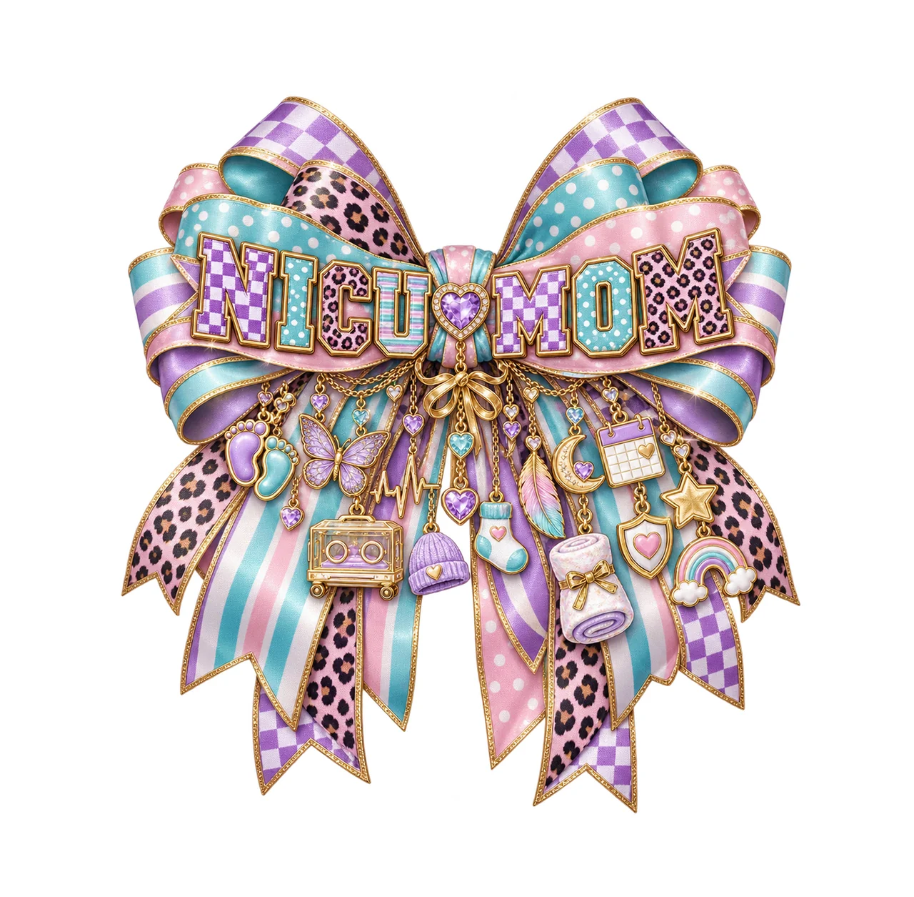 NICU Mom Bow Charm PNG, Patterned Varsity Mom Ribbon Clipart, Transparent Sublimation Digital Download