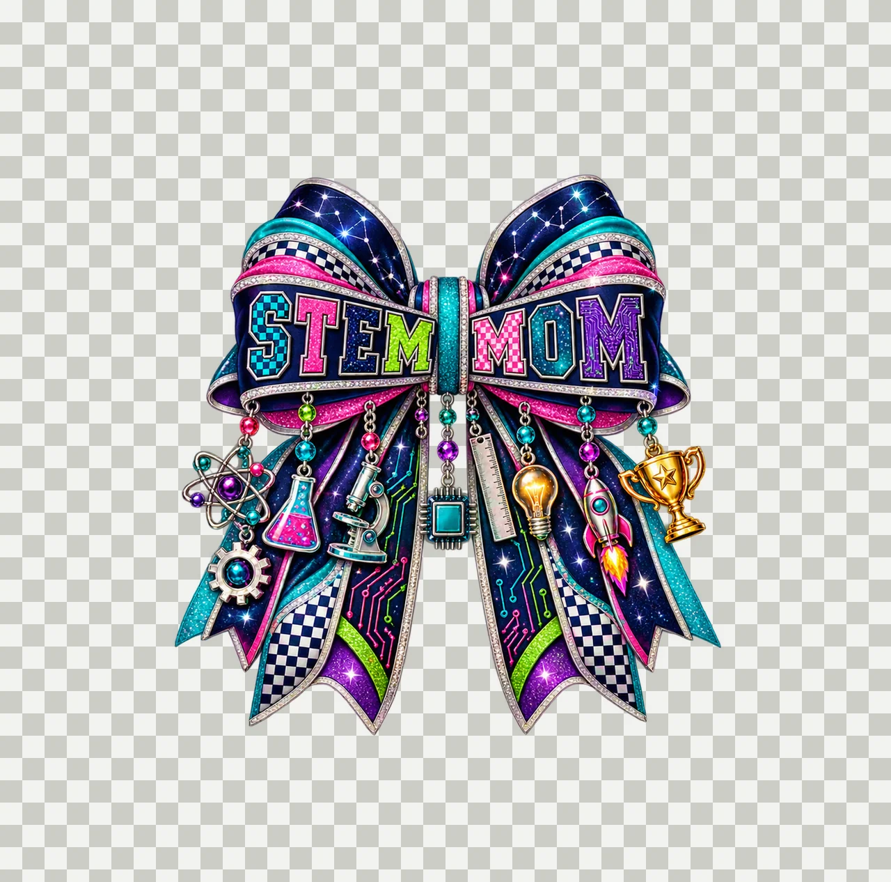 STEM Mom Bow Charm PNG, Patterned Varsity Mom Ribbon Clipart, Transparent Sublimation Digital Download transparency and detail preview thumbnail