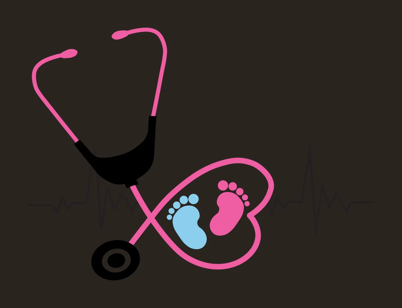 Medical symbol with baby footprints Illustration with pink stethoscope, black stethoscope chest piece, pink heart-shaped outline and blue baby footprint contrast preview thumbnail