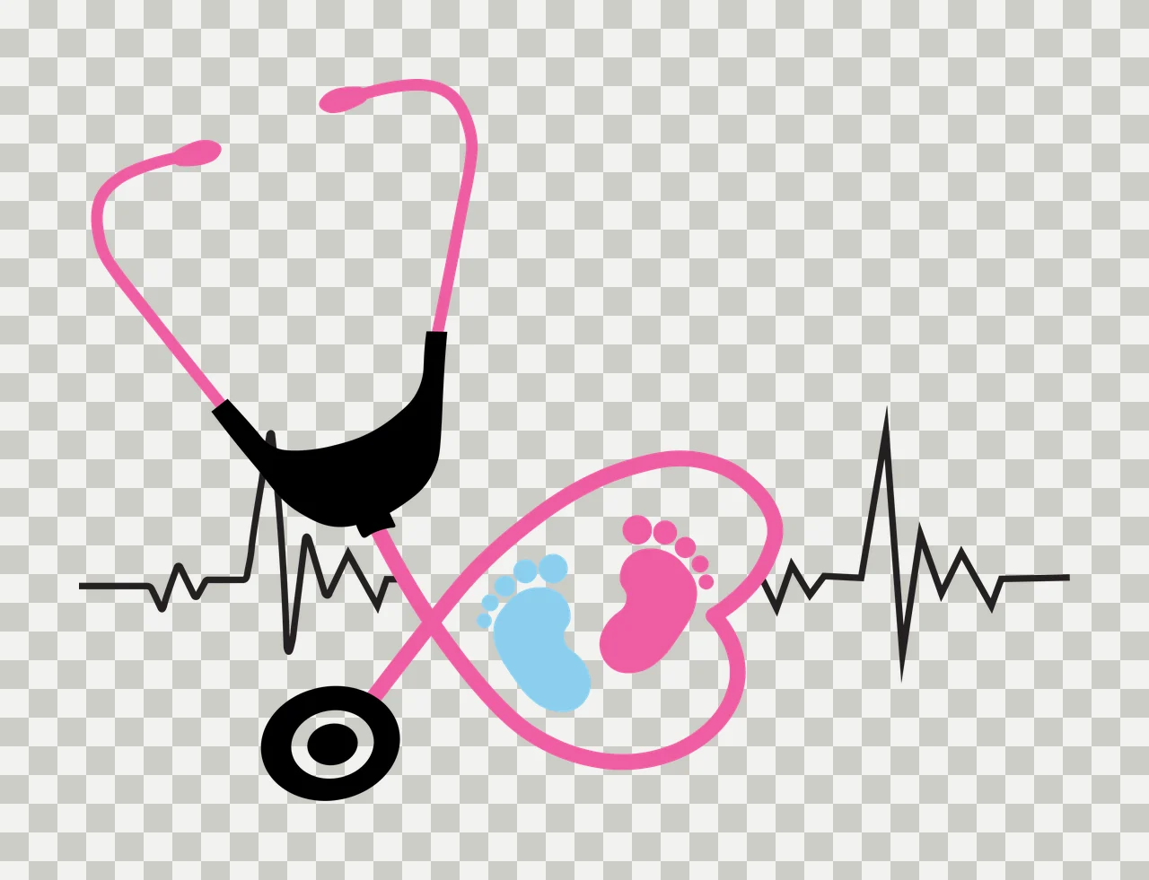 Medical symbol with baby footprints Illustration with pink stethoscope, black stethoscope chest piece, pink heart-shaped outline and blue baby footprint transparency and detail preview thumbnail