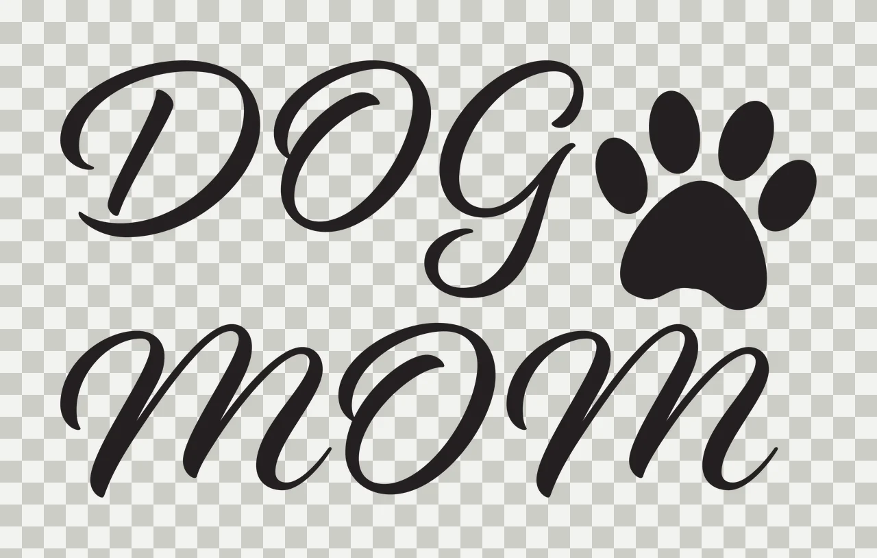 DOG mom Typography Design with DOG text, paw print silhouette and cursive lettering in black and white transparency and detail preview thumbnail