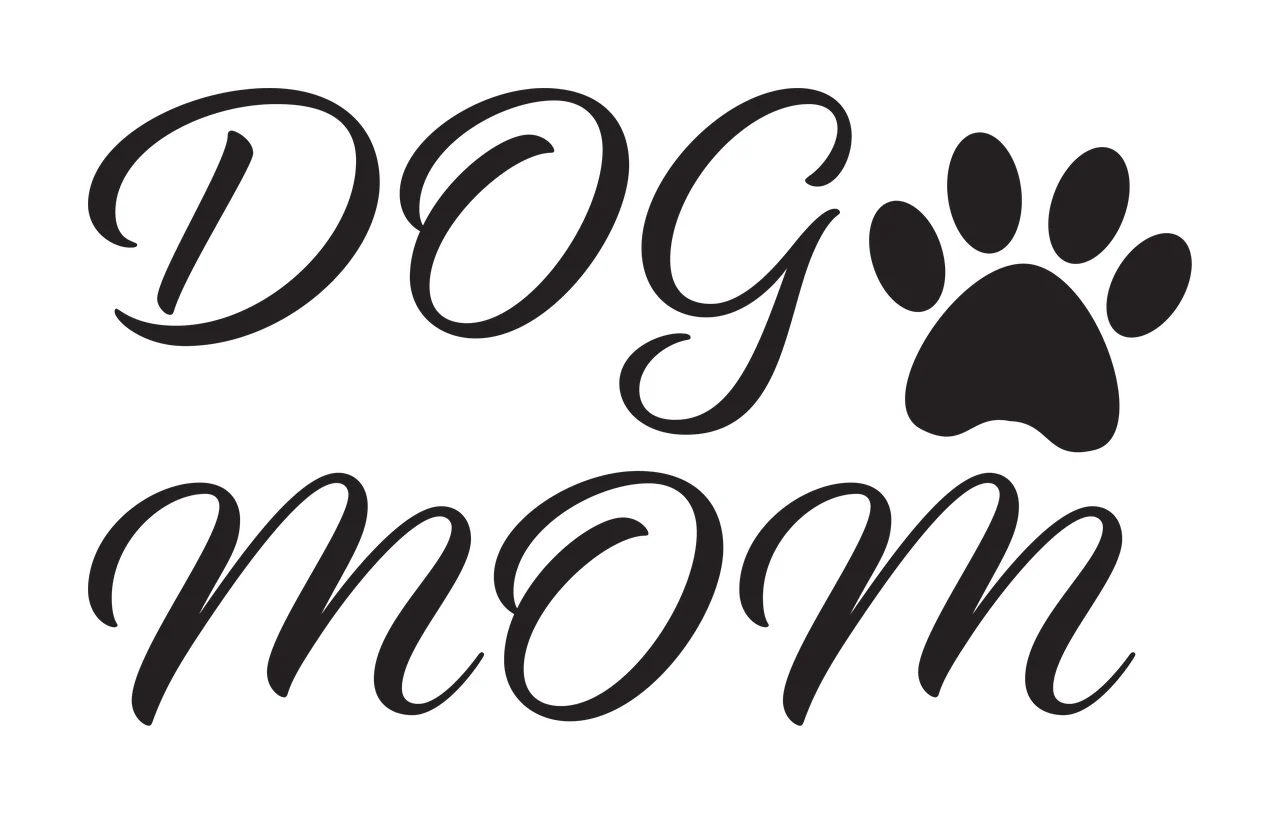 DOG mom Typography Design with DOG text, paw print silhouette and cursive lettering in black and white