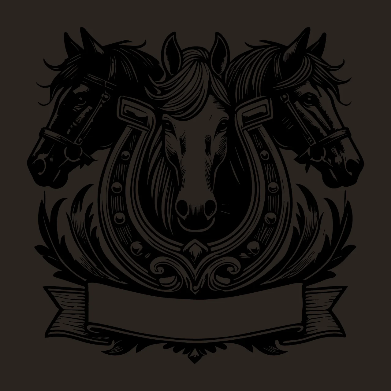 Horse Heads And Decorative Horseshoe Banner three framed engraved contrast preview thumbnail