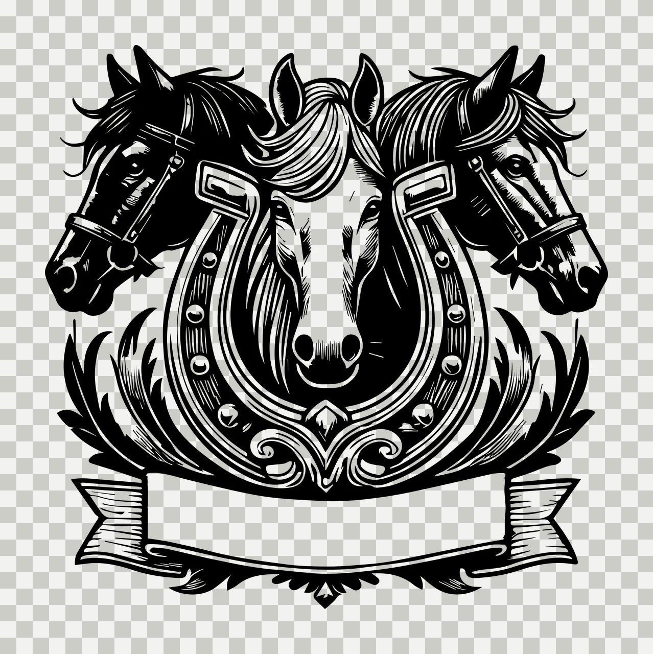 Horse Heads And Decorative Horseshoe Banner three framed engraved transparency and detail preview thumbnail