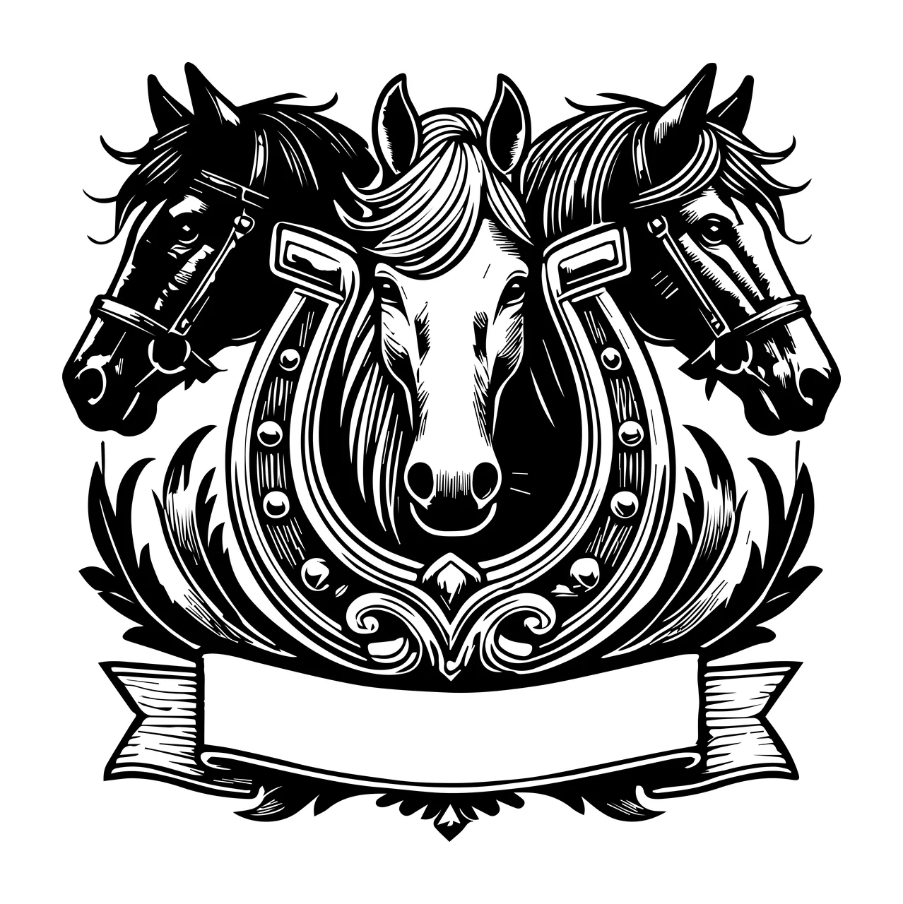 Horse Heads And Decorative Horseshoe Banner three framed engraved