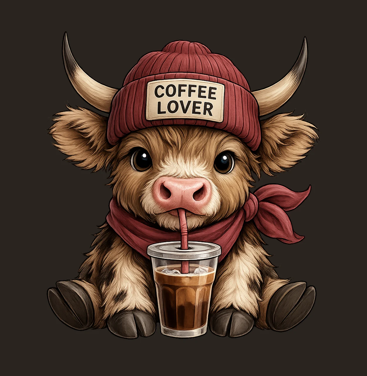 Coffee Cow Drinking With Red Beanie scarf cup iced animal contrast preview thumbnail