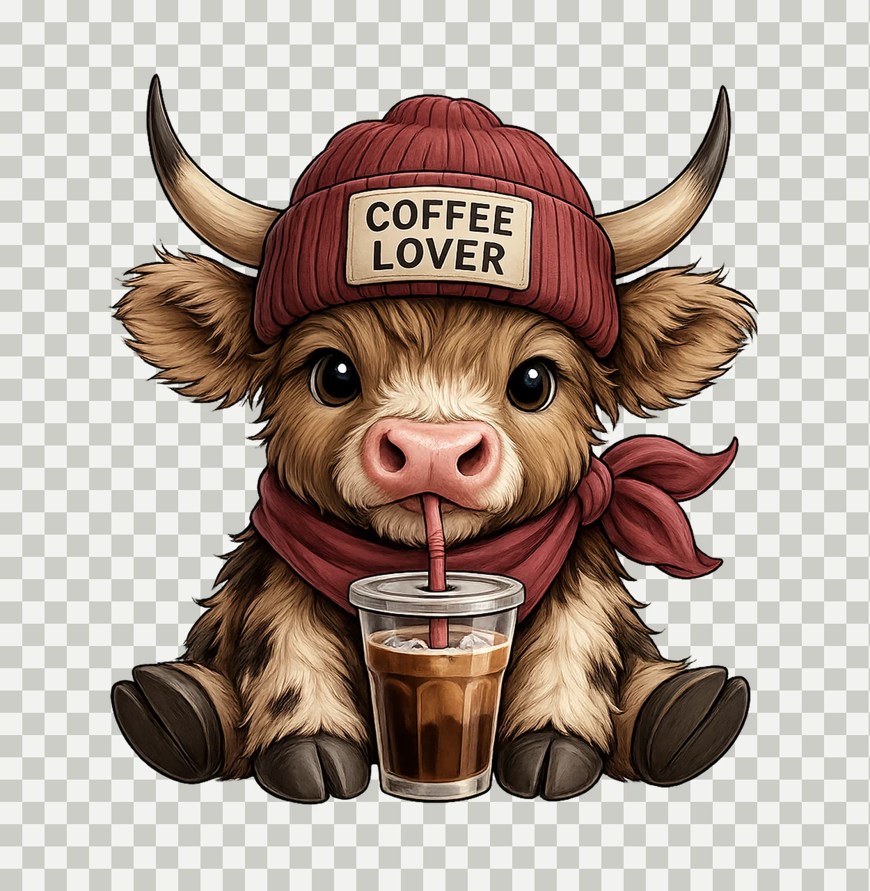 Coffee Cow Drinking With Red Beanie scarf cup iced animal transparency and detail preview thumbnail