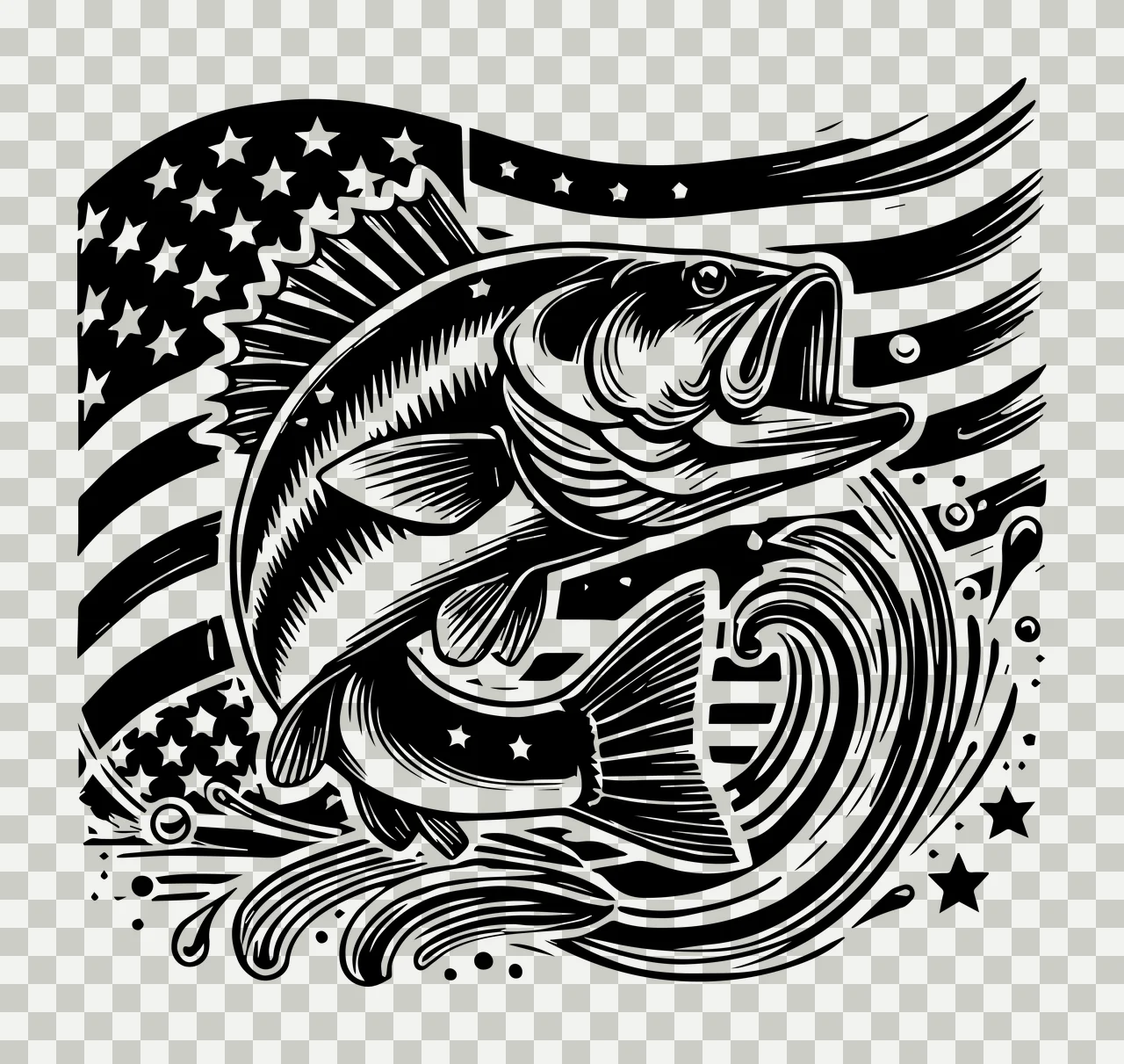 Fishing Largemouth Bass Jumping Flag Emblem fish waves stars transparency and detail preview thumbnail