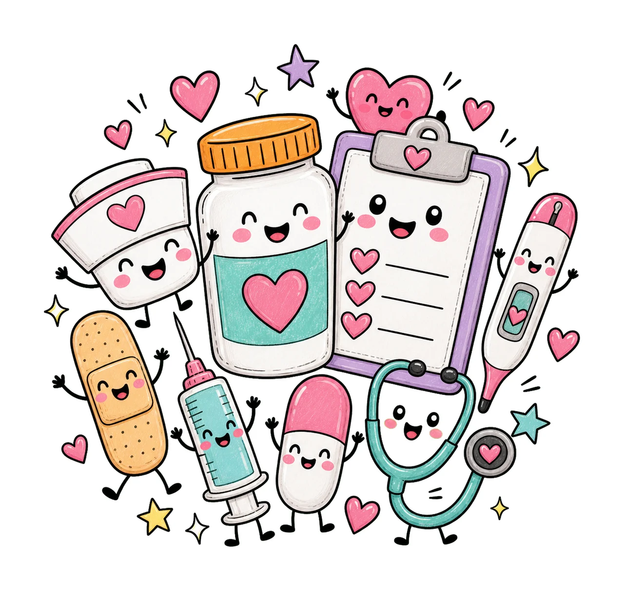 Nurse Characters Doodle Cute Happy Medical Variation C