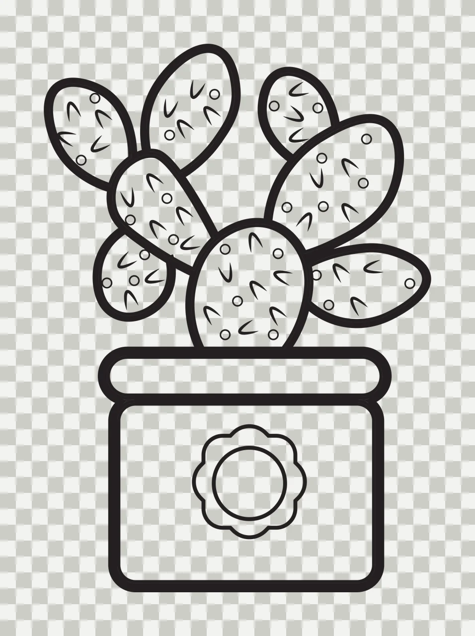 Line Art Illustration of Potted cactus with multiple pads and spines with dots on pads, potted plant, rectangular pot with rounded top and flower-shaped decoration on front in black and white transparency and detail preview thumbnail