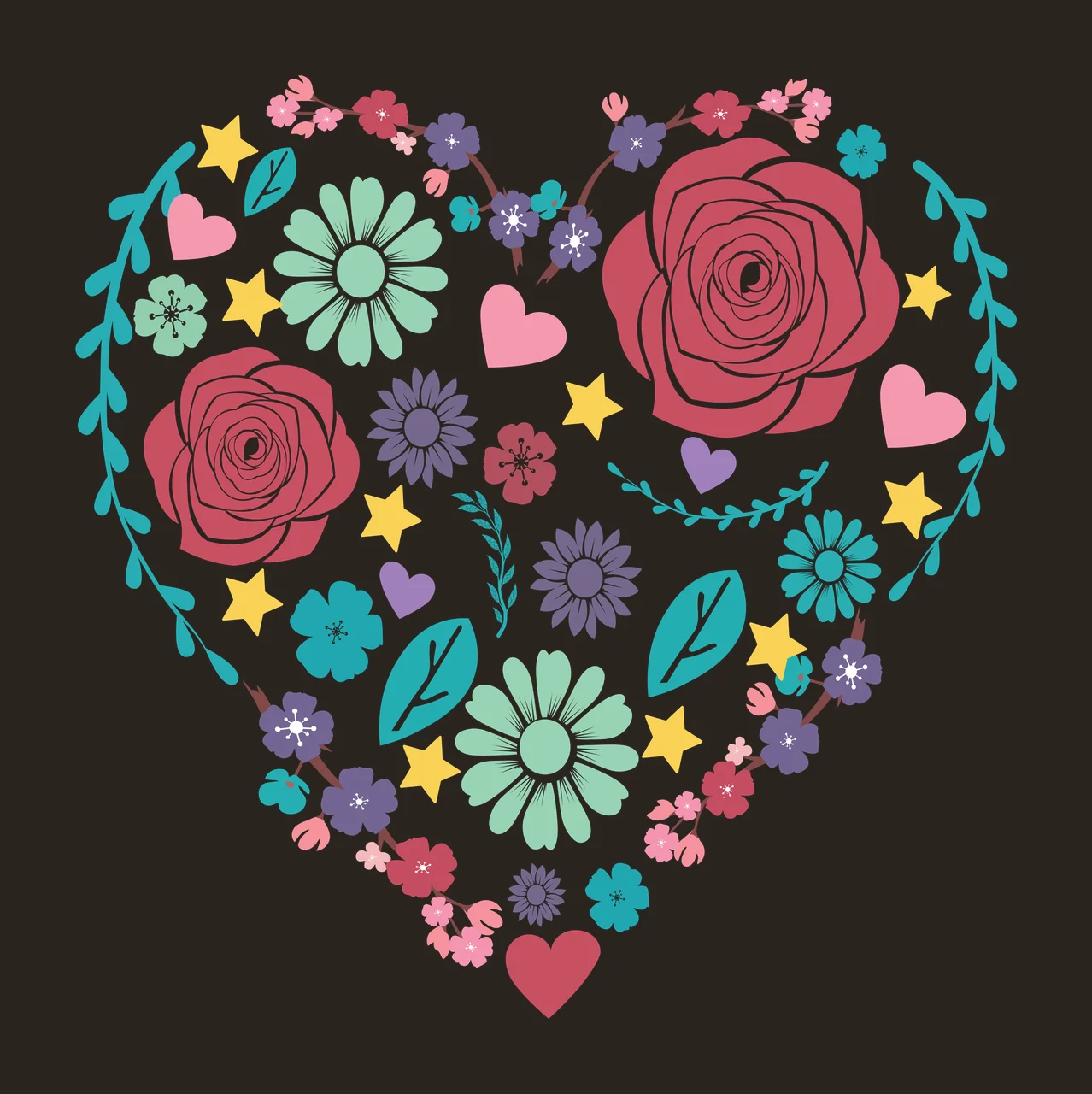 Floral heart arrangement Illustration with roses, daisies, cherry blossom branches and leaves in red, pink and teal contrast preview thumbnail