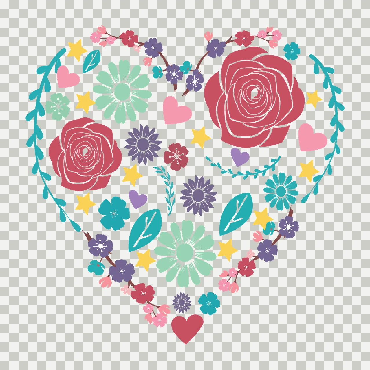 Floral heart arrangement Illustration with roses, daisies, cherry blossom branches and leaves in red, pink and teal transparency and detail preview thumbnail