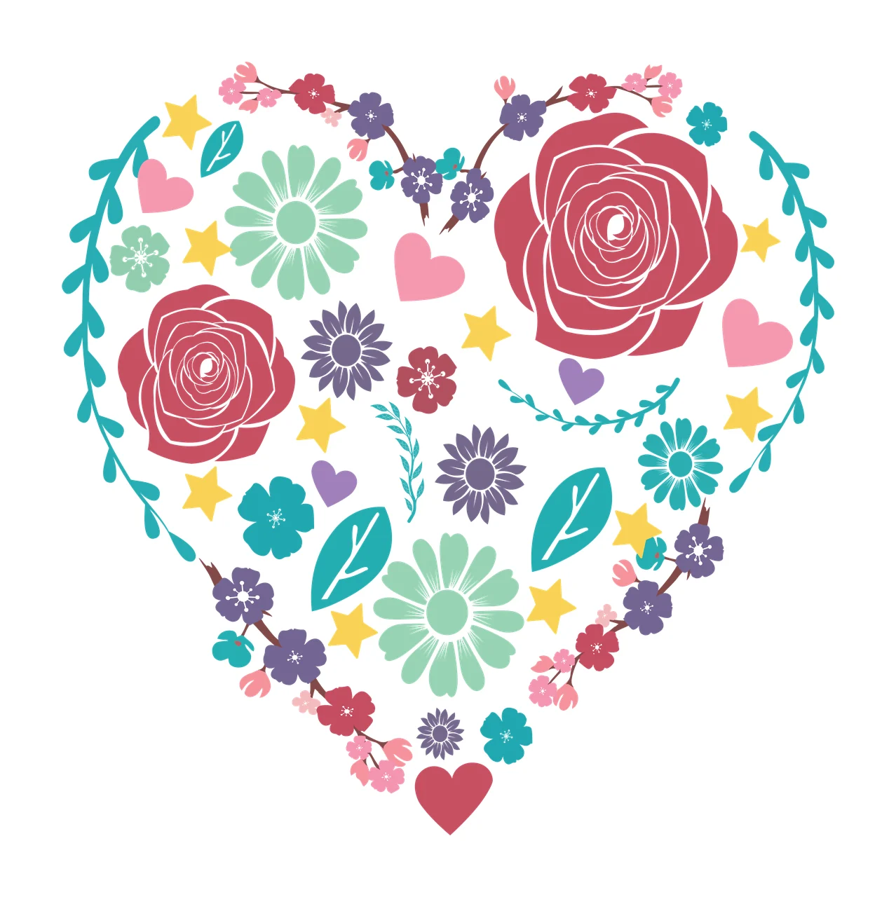Floral heart arrangement Illustration with roses, daisies, cherry blossom branches and leaves in red, pink and teal