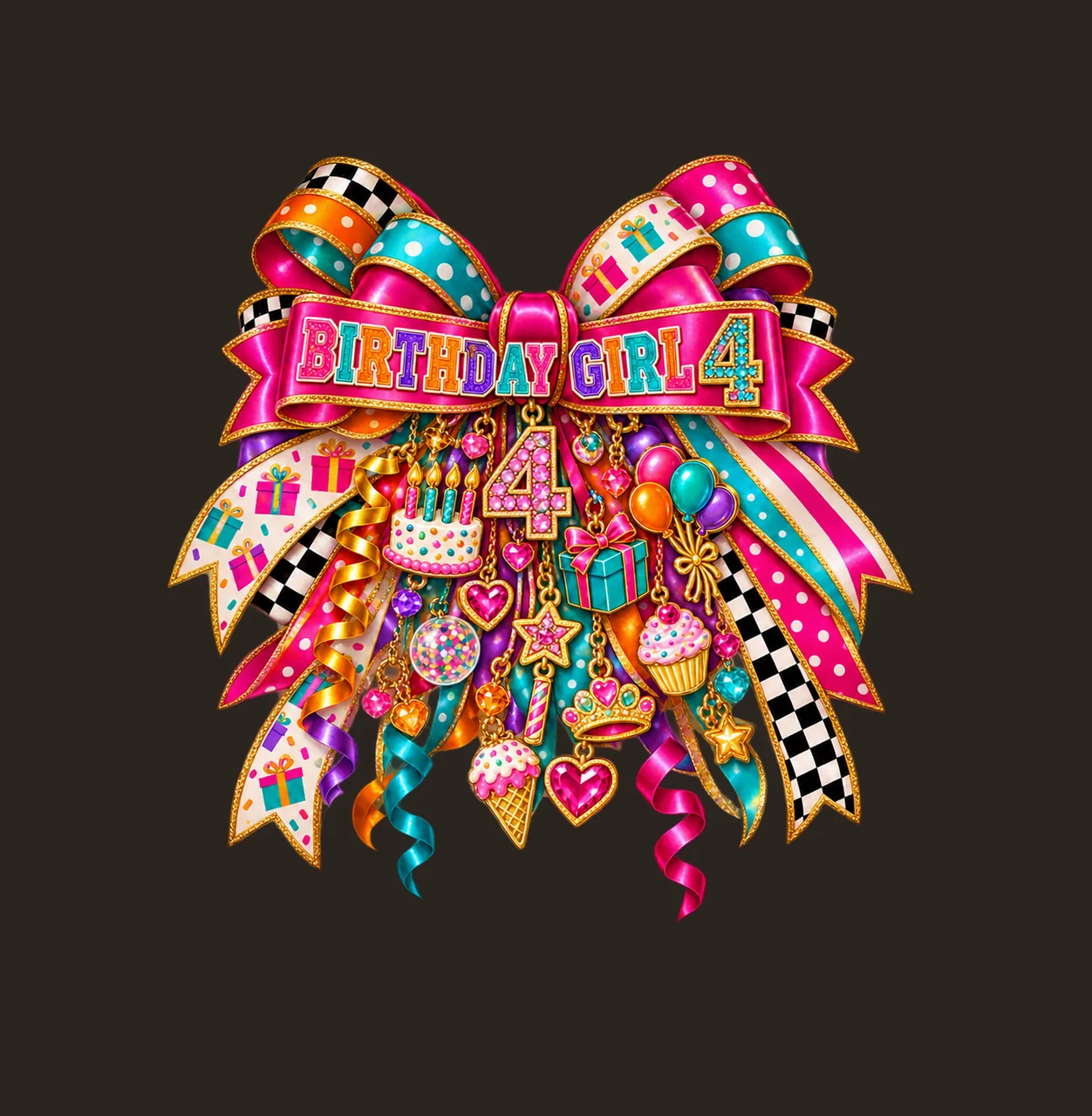 Birthday Girl 4 Bow Charm PNG, Patterned Coquette Bow Clipart, Transparent Sublimation Digital Download contrast preview thumbnail