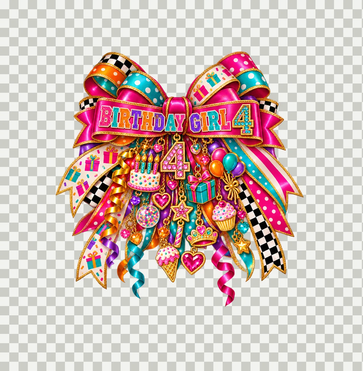 Birthday Girl 4 Bow Charm PNG, Patterned Coquette Bow Clipart, Transparent Sublimation Digital Download transparency and detail preview thumbnail