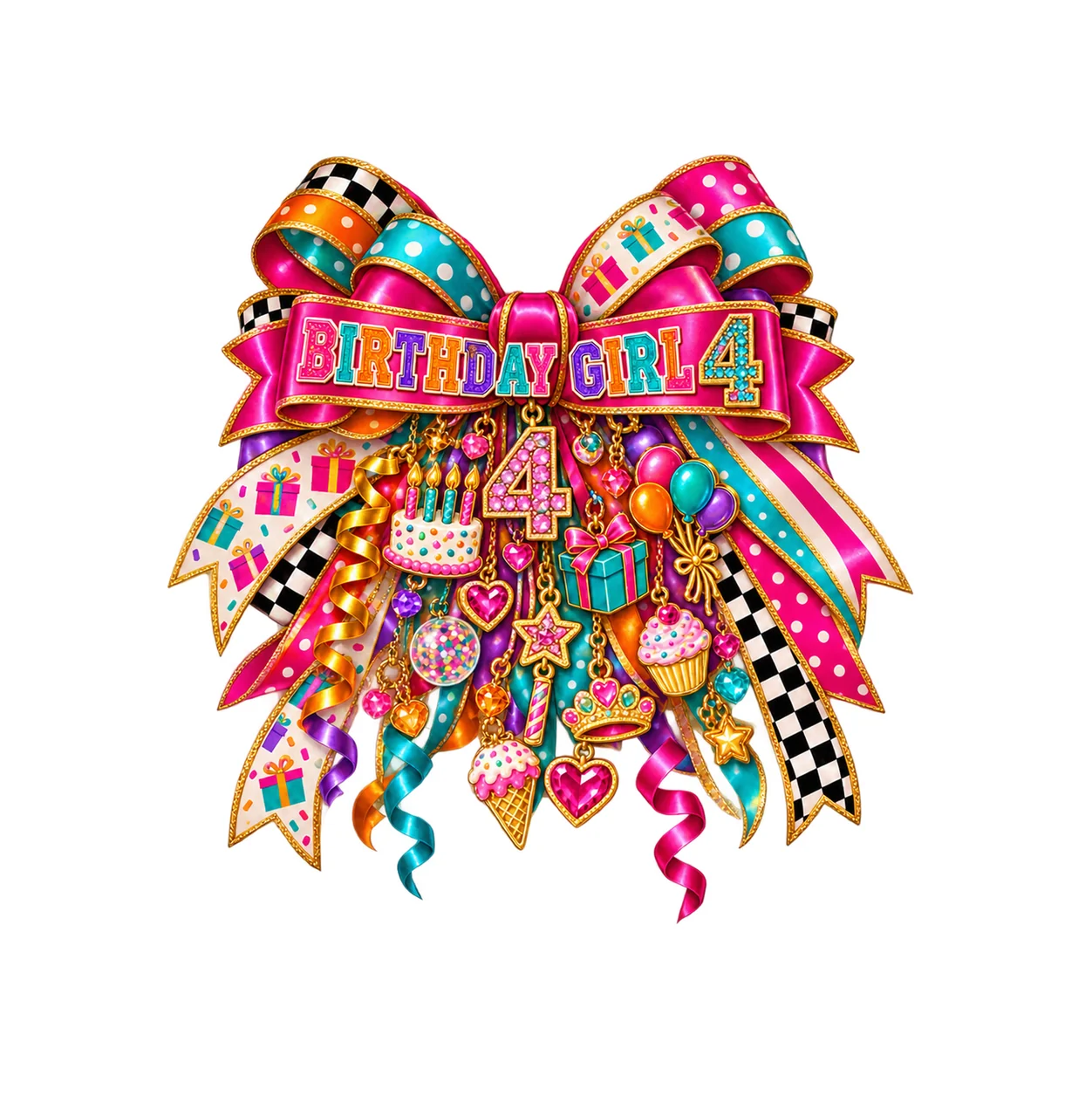 Birthday Girl 4 Bow Charm PNG, Patterned Coquette Bow Clipart, Transparent Sublimation Digital Download