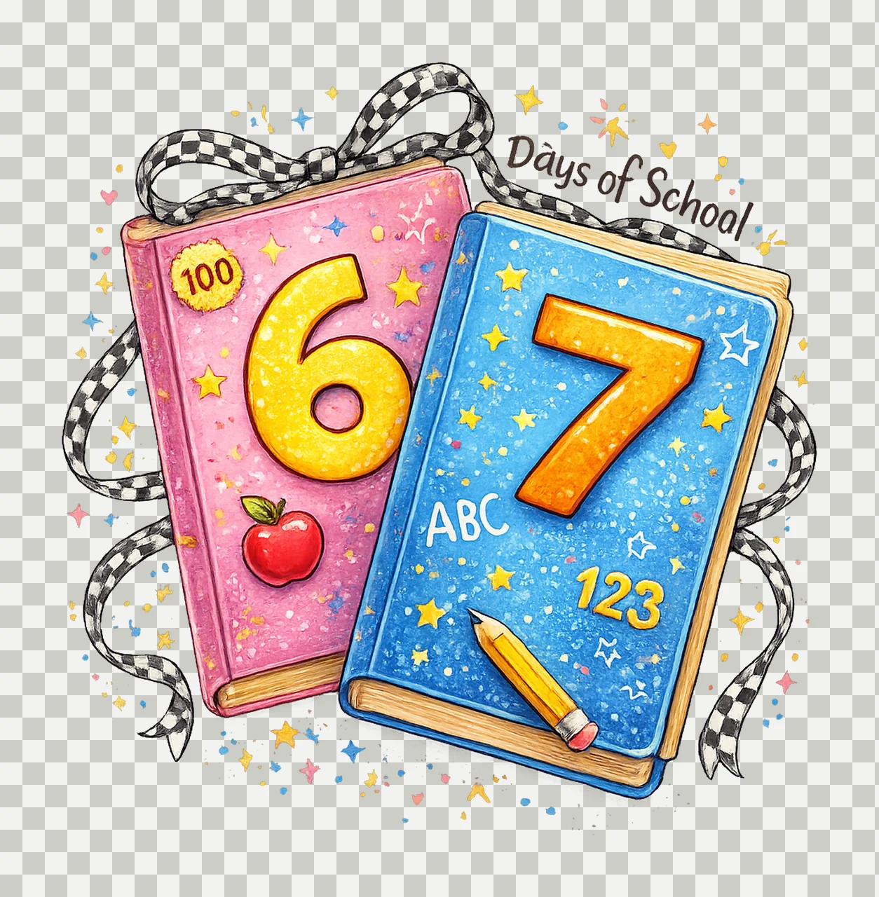 100 Days of School Cute Book Design Checkered Ribbon transparency and detail preview thumbnail