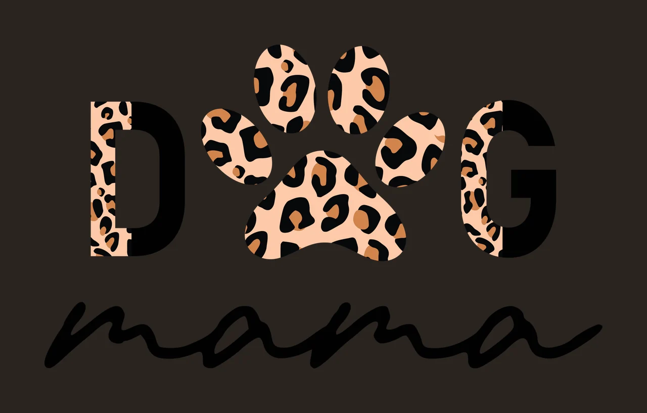 DOG mama Typography Design with letter D, paw print, script word mama and leopard print pattern in black, tan and brown contrast preview thumbnail