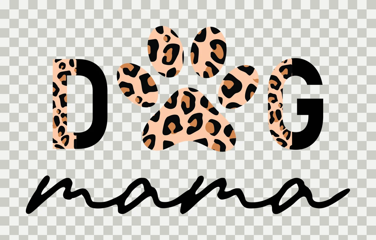 DOG mama Typography Design with letter D, paw print, script word mama and leopard print pattern in black, tan and brown transparency and detail preview thumbnail